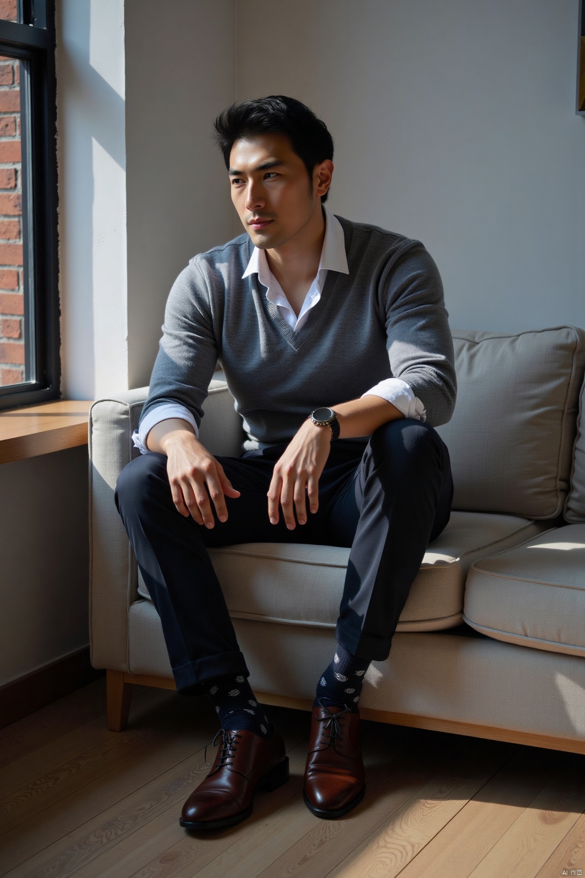 jzns, 1man,fashion model,asian,exquisite facial features,handsome,Business fashion,wearing sweater,shirt,pants,dark Pattern socks,Oxford style footwear,sitting,full body,indoors, natural  Lighting,magnificent,,masterpiece, realistic, best quality, highly detailed,xua