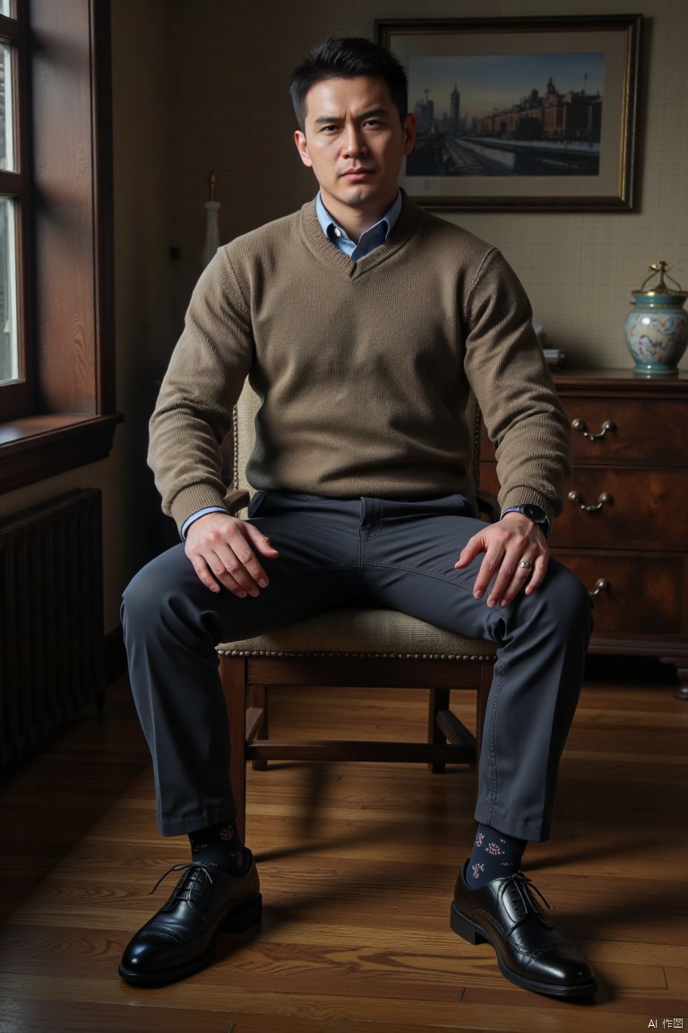 jzns, 1man,fashion model,asian,exquisite facial features,handsome,Business fashion,wearing sweater,shirt,pants,dark Pattern socks,Oxford style footwear,sitting,full body,indoors, natural  Lighting,magnificent,,masterpiece, realistic, best quality, highly detailed,wjc,mature male,Call of Duty
