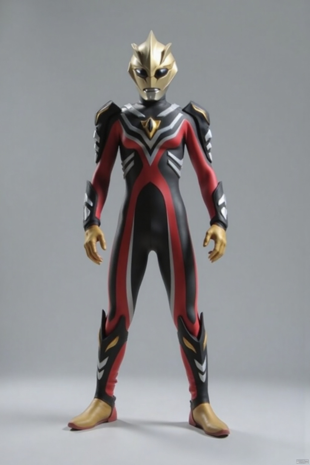 (grey background:1.2),(SOLO:1.4),outline,simple background,(((,standing,looking at viewer,arms at side))),,ultraman,golden bodysuit,golden gloves,legwear,gloves,boots,cover,mask,plugsuit,armor,bodysuit,black pattern on body,red pattern on body,golden tight-fitting,golden footwear,helmet,leather suit,latex,tokusatsu,no humans,science fiction,golden head,hard mask,no smile,no eyes,no nose,solo,golden rubber bodysuit with grey line and black line rubber bodysuit with red line,ed pattern on body