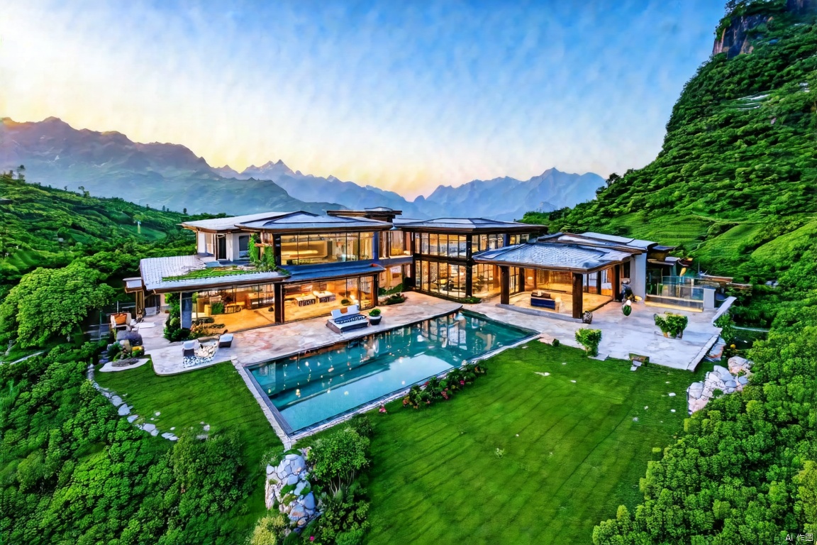 Luxurious hilltop villa surrounded by breathtaking natural scenery. Spacious windows offer panoramic views of majestic mountain peaks and lush green valleys. The villa has a modern architectural design with clean lines and floor-to-ceiling glass walls. A private infinity pool sparkles in the warm sunshine. Fine craftsmanship and high-end materials create an elegant and tranquil atmosphere