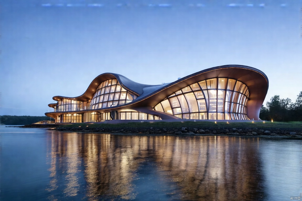 a curvy timber house near a sea, designed by zaha hadid, represent the image of a could, modern architecture, at night, white lighting, highly detailed
