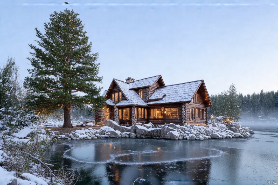 A serene winter wonderland scene: a majestic evergreen tree stands tall and proud beside the frozen surface of a tranquil lake, its branches gently swaying in the crisp morning air. A charming rustic cabin, adorned with snow-dusted roofs and twinkling window lights, nestles cozily nearby, emitting a warm glow that contrasts beautifully with the icy blues and whites of the natural surroundings.,architectural-scenery