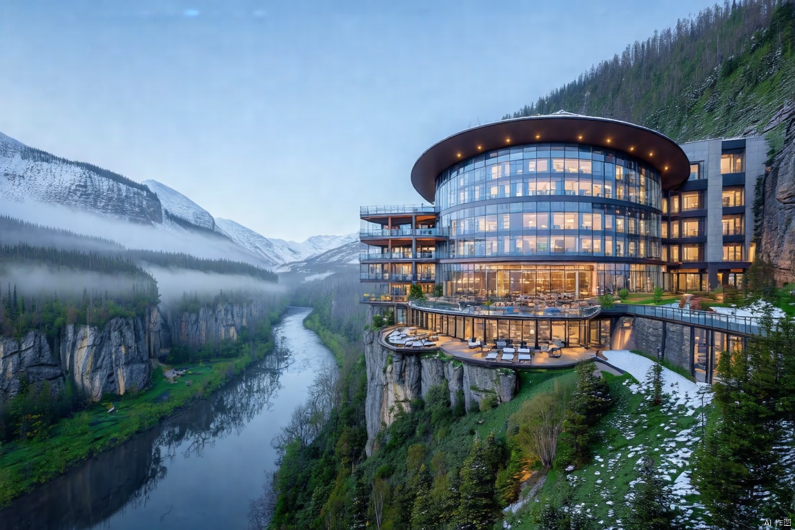 A hotel complex on the edge of a cliff, with a circular shape and glass facade with panoramic windows overlooking a river in a foggy winter night, architecture in the style of Bjarke Ingels located near a mountain valley, award winning photography
