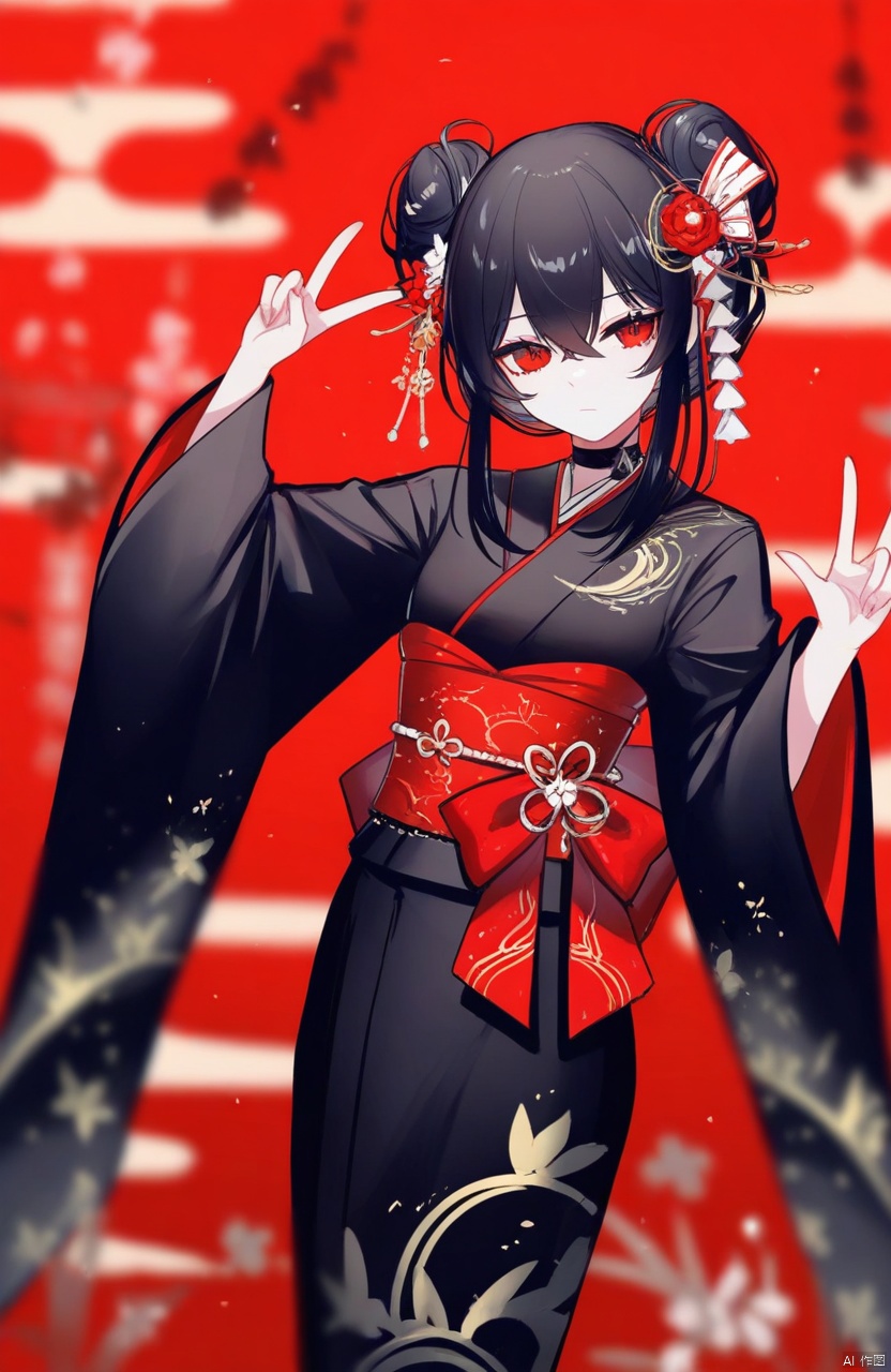 good work, (best quality), illustration, depth of field, (color),masterpiece,best quality, 1girl, solo, long hair, looking at viewer, bangs, black hair, hair ornament, red eyes, long sleeves, hair between eyes, very long hair, closed mouth, japanese clothes, virtual youtuber, kimono, hair bun, sash, double bun, obi, crescent, red background, crescent hair ornament, black kimono, rabbit hair ornament ,