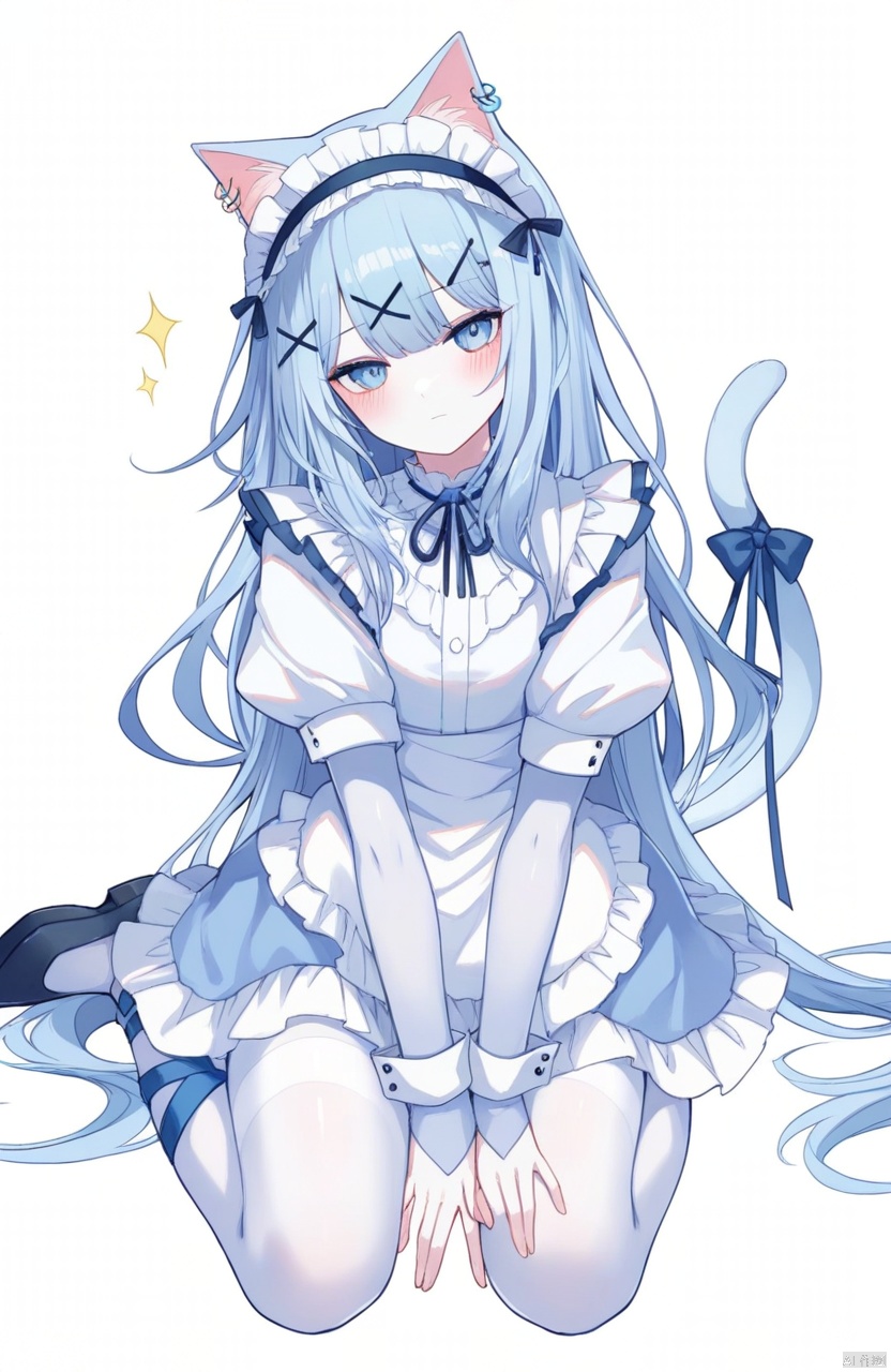 1girl, solo, long hair, looking at viewer, blush, bangs, blue eyes, simple background, hair ornament, white background, bow, ribbon, animal ears, closed mouth, blue hair, frills, hairclip, cat ears,maid headdress, sparkle, Masterpiece,Best quality,Extremely detailed,White stockings,full body,cute,Black shoes,white bodystocking