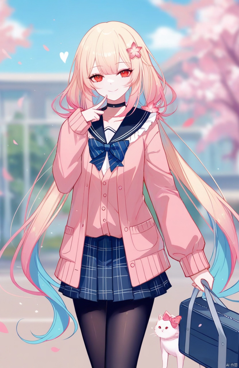 good work,(best quality),illustration,depth of field,(color),masterpiece,best quality,1girl,long hair,looking at viewer,smile,shirt,skirt,blonde hair,long sleeves,hair ornament,bow,closed mouth,very long hair,twintails,blue hair,school uniform,pink hair,flower,multicolored hair,heart,hair bow,pantyhose,pleated skirt,serafuku,sailor