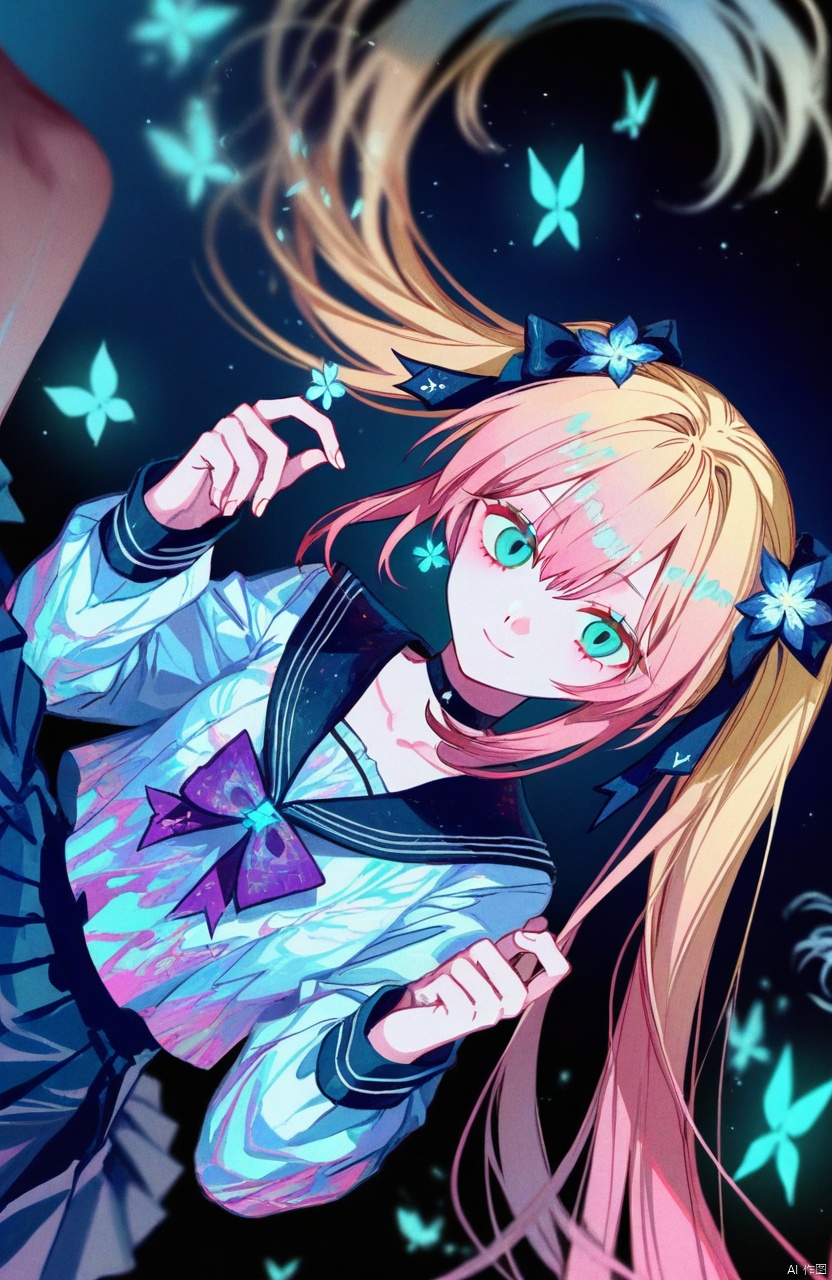 good work,(best quality),illustration,depth of field,(color),masterpiece,best quality,1girl,long hair,looking at viewer,smile,shirt,skirt,blonde hair,long sleeves,hair ornament,bow,closed mouth,very long hair,twintails,blue hair,school uniform,pink hair,flower,multicolored hair,heart,hair bow,pantyhose,pleated skirt,serafuku,sailor collar,blue skirt,hands up,blue bow,leaf,blue shirt,black background,bug,pink bow,butterfly,yellow bow,blue flower,purple bow,blue theme,heart hair ornament,holding flower,blue butterfly,multiple hair bows,quad tails, (dark),(sideways),((glowing)),glitch,horror \(theme\),vibrant,black background,colorful,abstract,bioluminescence,double exposure,distortion,holographic clothing,bloom,backlighting,sidelighting, rella,wanke,konya karasue,yadu nadu,menma \(enaic31\),(quasarcake:0.8),john kafka,(otonoha aika),konya karasue,