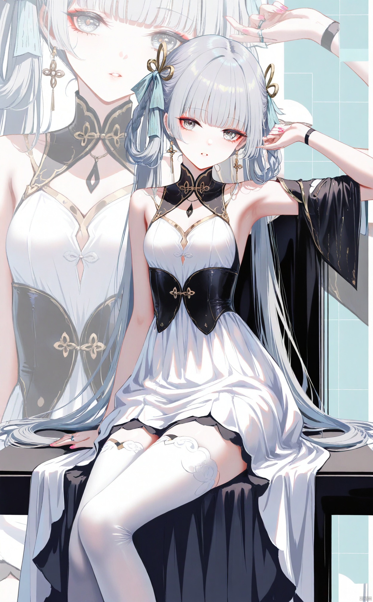 masterpiece,best quality,high quality,loli,[Artist:wlop],[[Artist:sheya]],Artist:hiten_(hitenkei),Artist kisaragi yaya,,loli,jinhsi \(wuthering waves\), 1girl, long hair, solo, grey hair, breasts, thighhighs, twintails, white thighhighs, arm up, looking at viewer, dress, armpits, hair rings, official alternate costume, parted lips, ring, jewelry, very long hair, medium breasts, hair ornament, zoom layer, sitting, pink nails, grey eyes, hair ribbon, nail polish, black dress, sidelocks, white dress, braided hair rings, blunt bangs