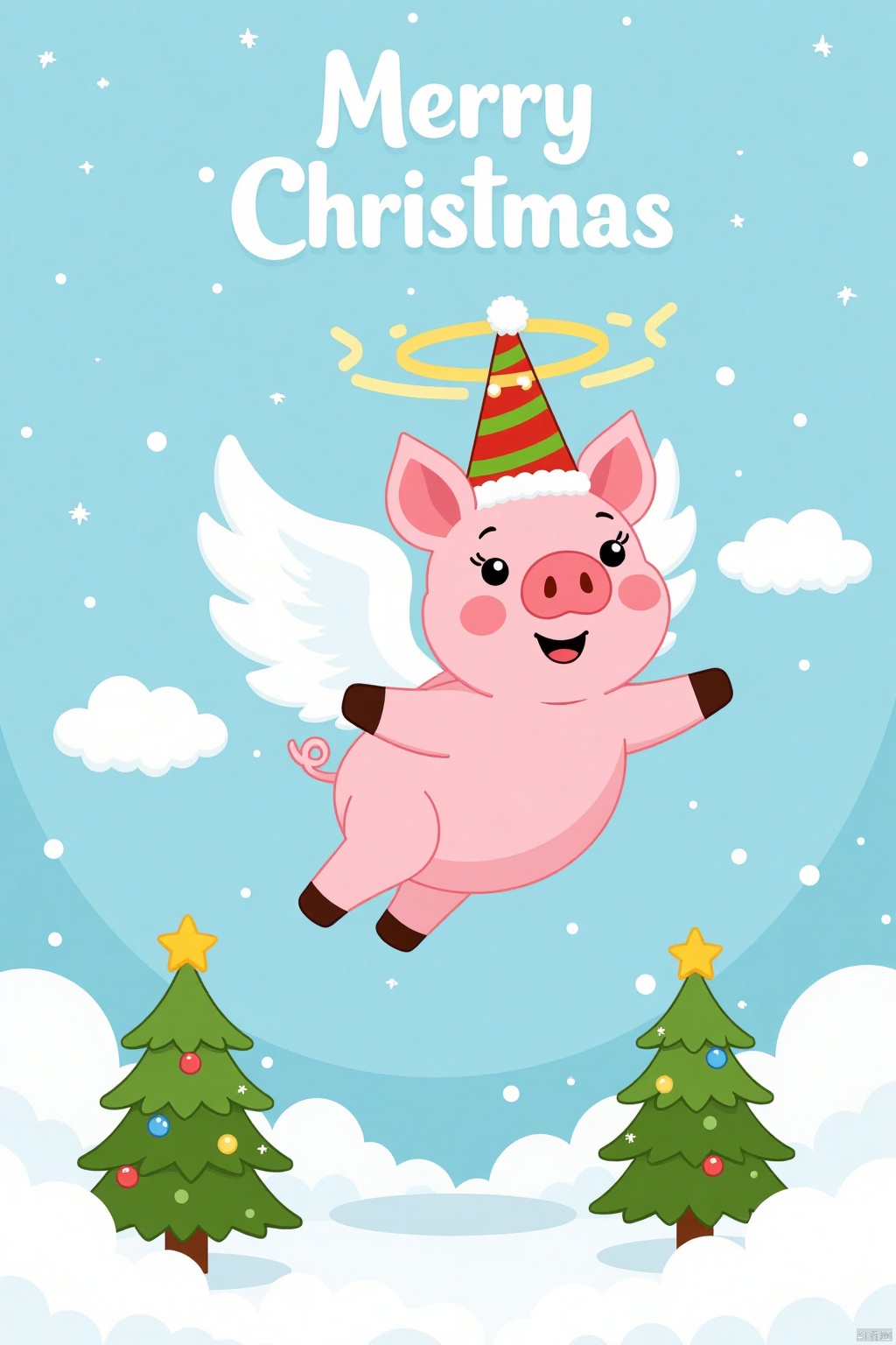 A cartoon pig is flying in the air. The pig is pink and has white wings. It is wearing a party hat with a yellow circle ar...