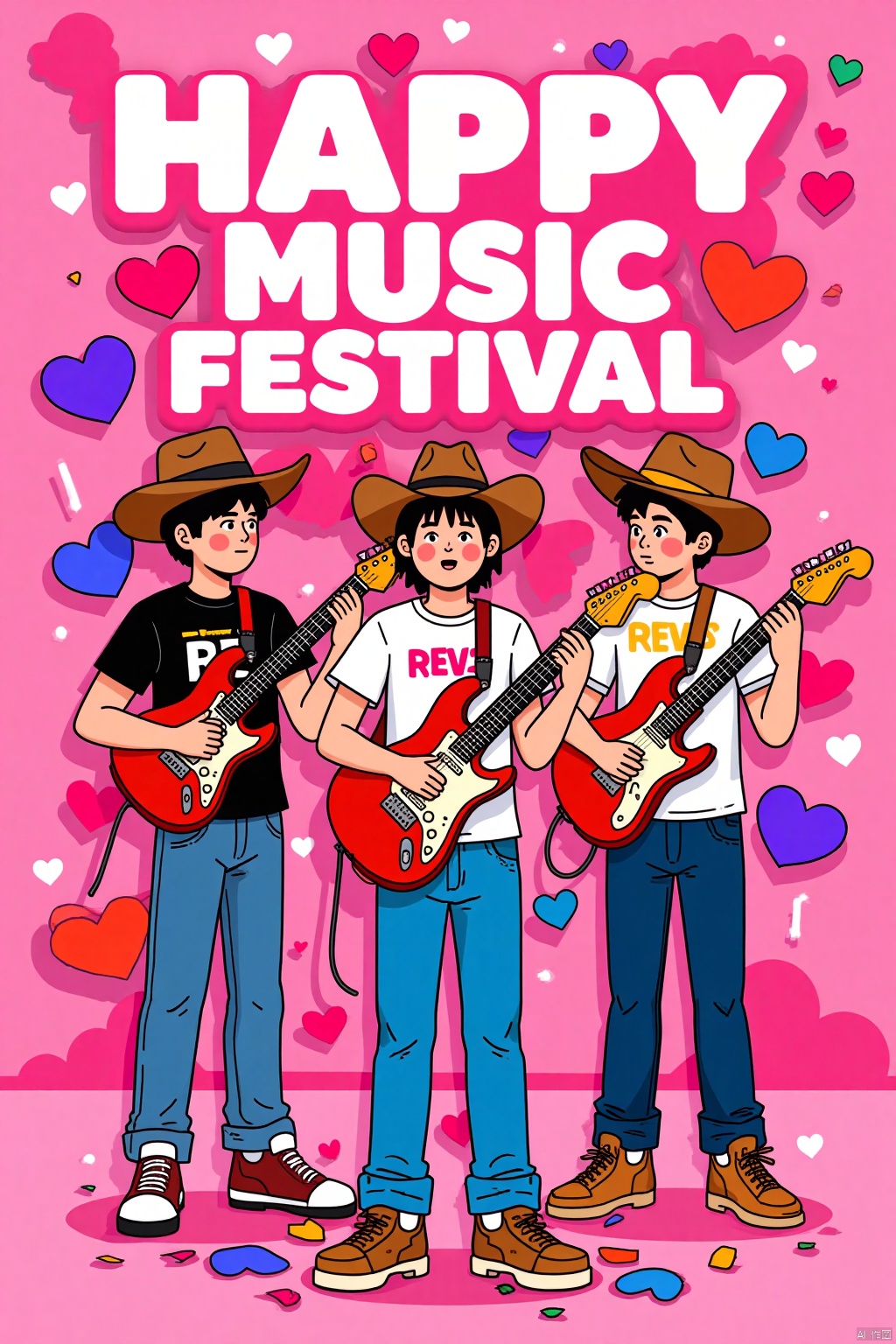 An animated image of three boys playing guitars. The boy on the left is wearing a black t-shirt,  blue jeans,  and a brown...