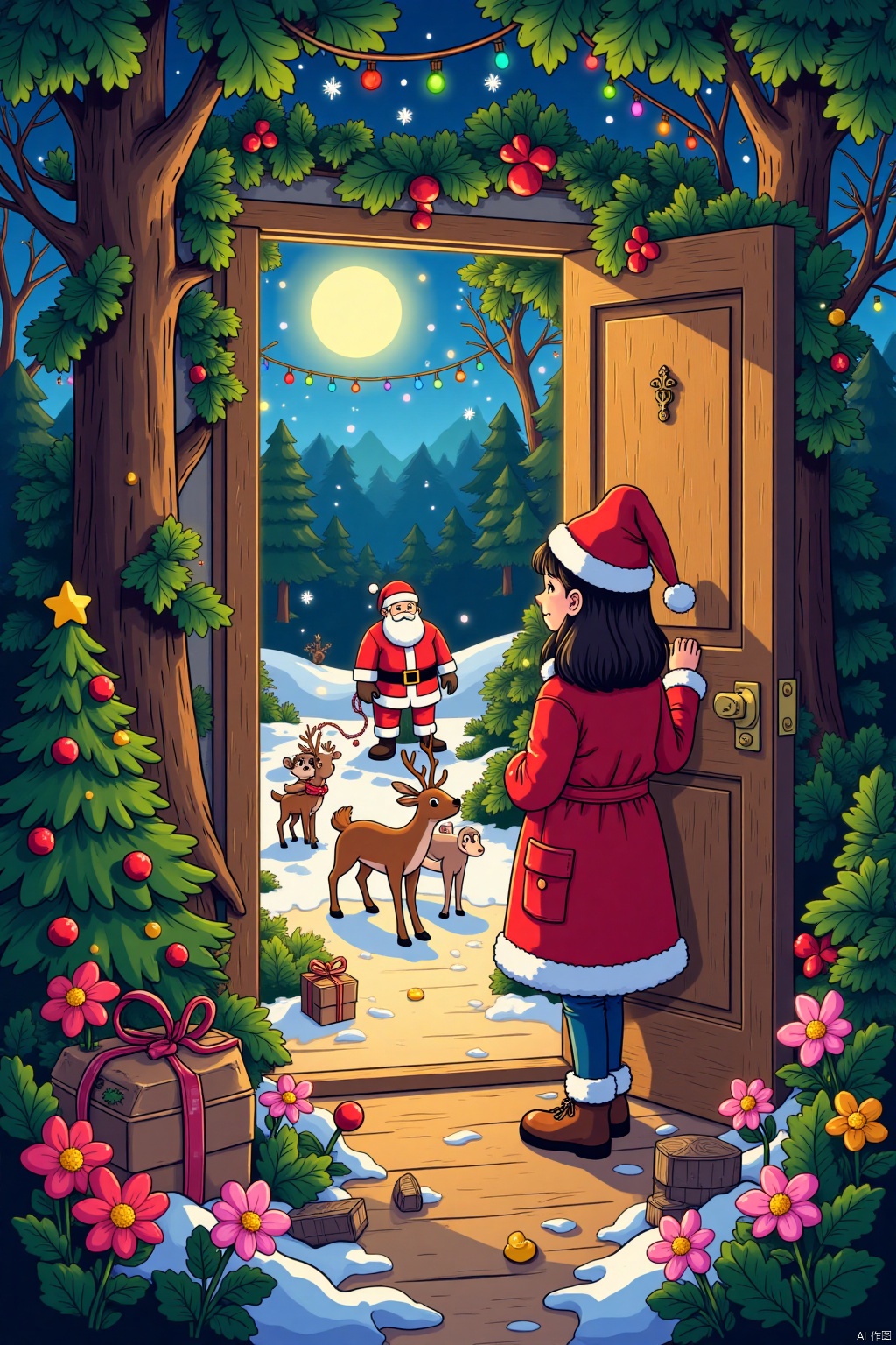 Call story scene,  a young girl wearing a Christmas hat peeks from outside the door,  surrounded by a charming forest. Out...