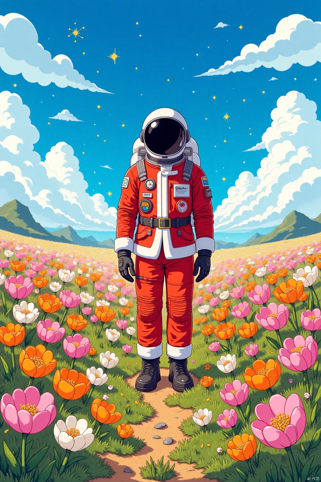 An animated image of a man in a space suit. The suit is red with white trim and a black belt. The man is wearing a white s...