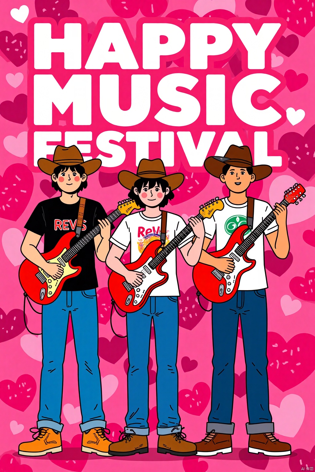 An animated image of three boys playing guitars. The boy on the left is wearing a black t-shirt,  blue jeans,  and a brown...