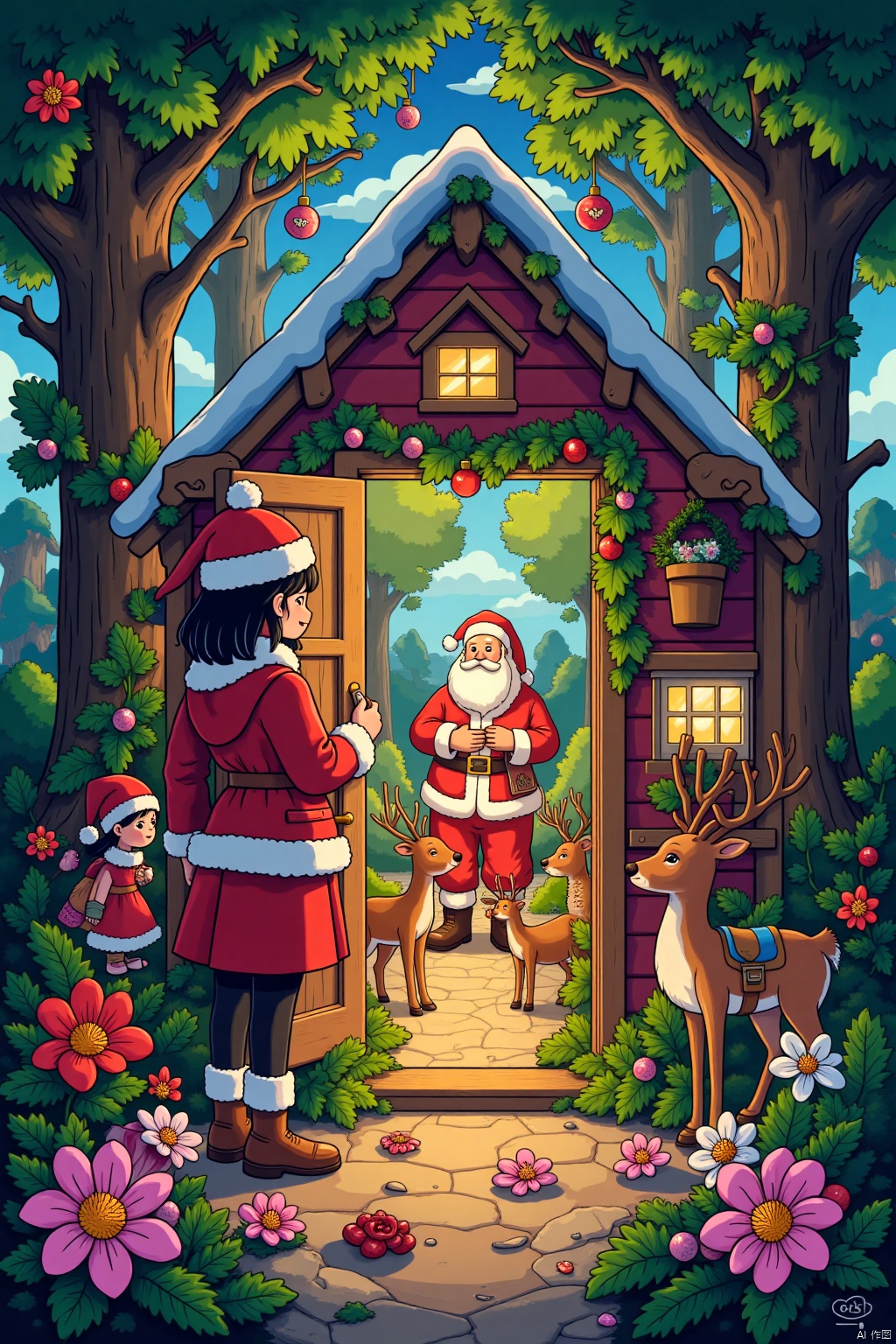 Call story scene,  a young girl wearing a Christmas hat peeks from outside the door,  surrounded by a charming forest. Out...