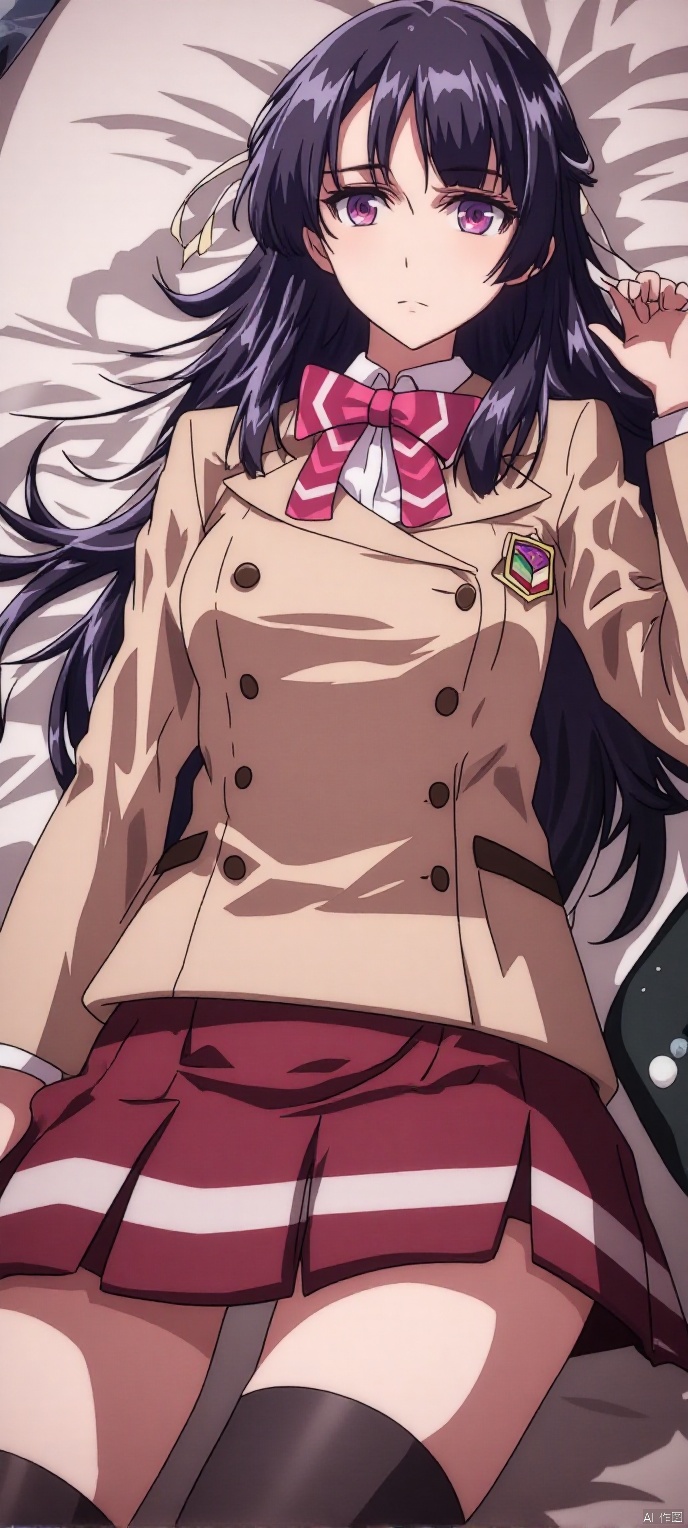(high definition, Best quality, masterpiece, 4K, exquisite skin),1girl, solo, long hair, purple eyes, half updo, hair ribbon, bow, blazer, long sleeves, emblem, pleated skirt, red skirt, black thighhighs, thighhighs, zettai ryouiki, in room, lying, learning forward