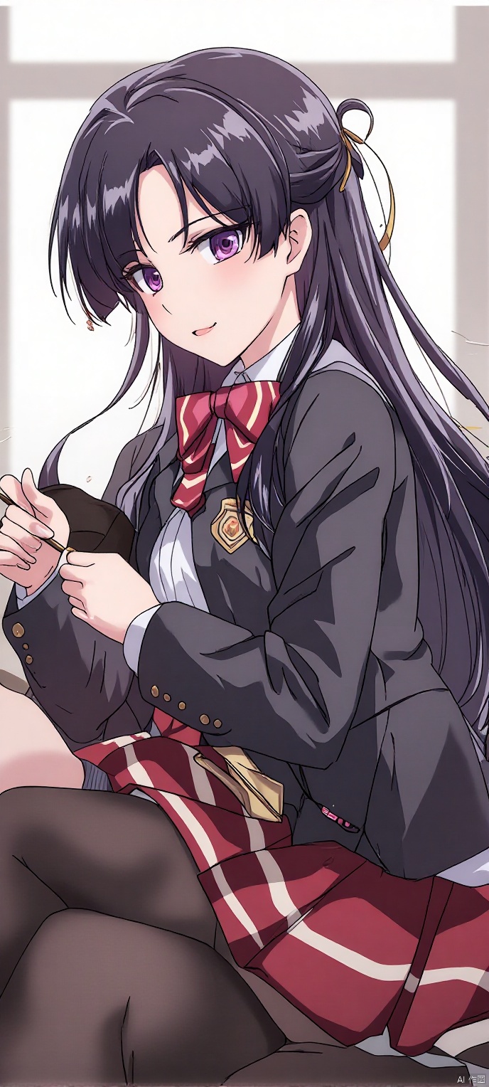 (high definition, Best quality, masterpiece, 4K, exquisite skin),1girl, solo, long hair, purple eyes, half updo, hair ribbon, bow, blazer, long sleeves, emblem, pleated skirt, red skirt, black thighhighs, thighhighs, zettai ryouiki, in room, sitting, learning forward