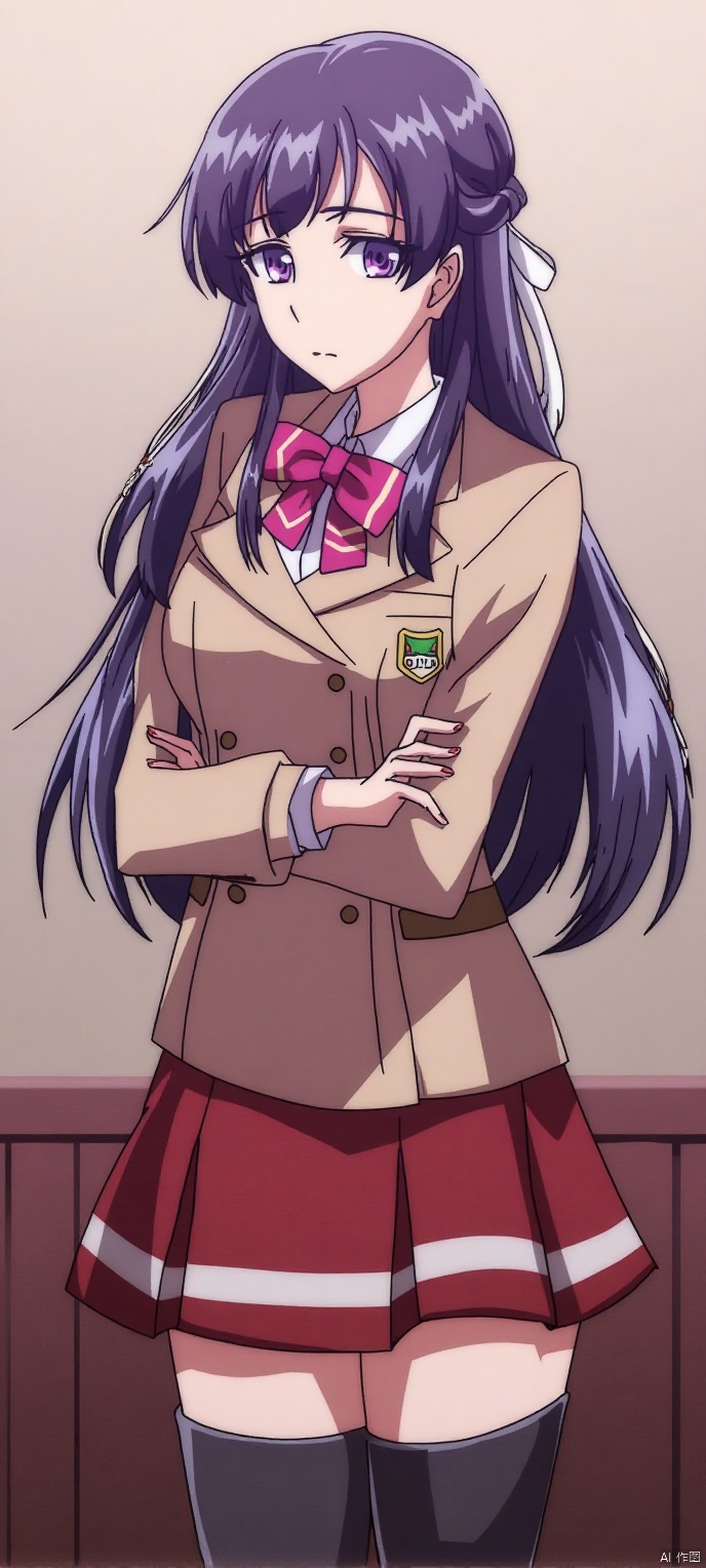 (high definition, Best quality, masterpiece, 4K, exquisite skin),1girl, solo, long hair, purple eyes, half updo, hair ribbon, bow, blazer, long sleeves, emblem, pleated skirt, red skirt, black thighhighs, thighhighs, zettai ryouiki, in room, learning forward