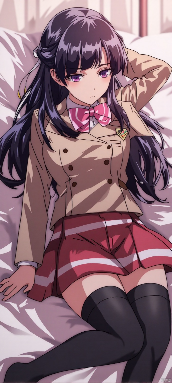 (high definition, Best quality, masterpiece, 4K, exquisite skin),1girl, solo, long hair, purple eyes, half updo, hair ribbon, bow, blazer, long sleeves, emblem, pleated skirt, red skirt, black thighhighs, thighhighs, zettai ryouiki, in room, lying, learning forward