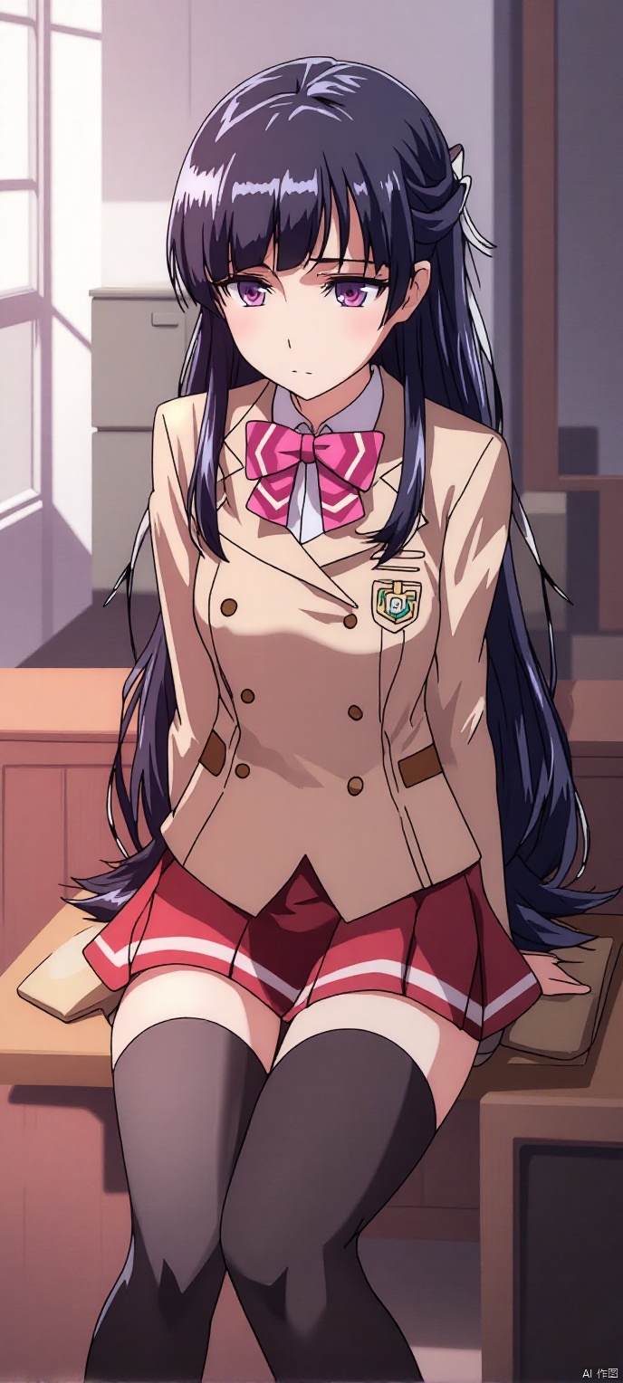 (high definition, Best quality, masterpiece, 4K, exquisite skin),1girl, solo, long hair, purple eyes, half updo, hair ribbon, bow, blazer, long sleeves, emblem, pleated skirt, red skirt, black thighhighs, thighhighs, zettai ryouiki, in room, sitting, learning forward