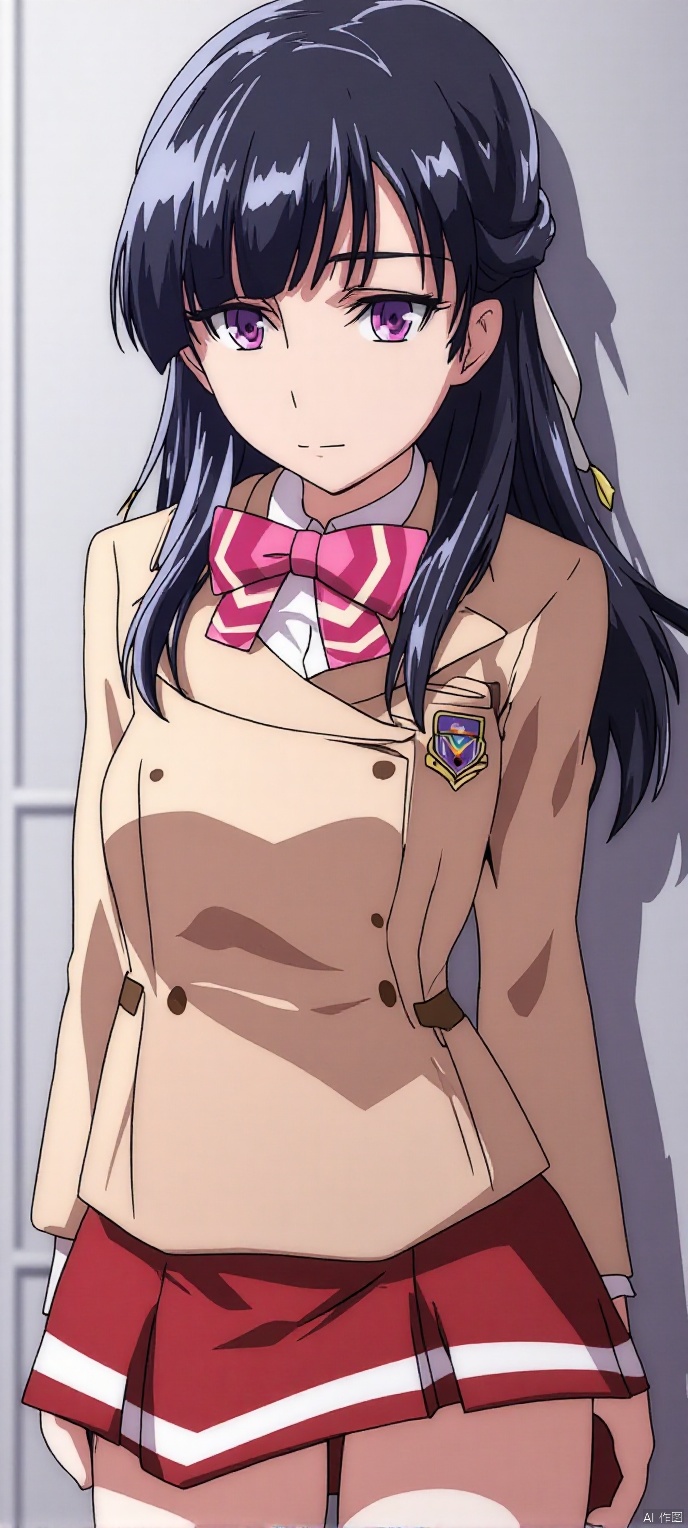 (high definition, Best quality, masterpiece, 4K, exquisite skin),1girl, solo, long hair, purple eyes, half updo, hair ribbon, bow, blazer, long sleeves, emblem, pleated skirt, red skirt, black thighhighs, thighhighs, zettai ryouiki, in room, , learning forward