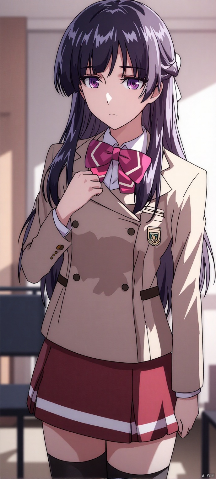(high definition, Best quality, masterpiece, 4K, exquisite skin),1girl, solo, long hair, purple eyes, half updo, hair ribbon, bow, blazer, long sleeves, emblem, pleated skirt, red skirt, black thighhighs, thighhighs, zettai ryouiki, in room, , learning forward