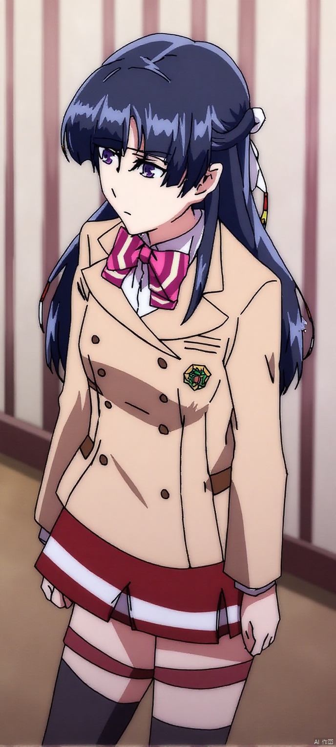 (high definition, Best quality, masterpiece, 4K, exquisite skin),1girl, solo, long hair, purple eyes, half updo, hair ribbon, bow, blazer, long sleeves, emblem, pleated skirt, red skirt, black thighhighs, thighhighs, zettai ryouiki, in room, learning forward