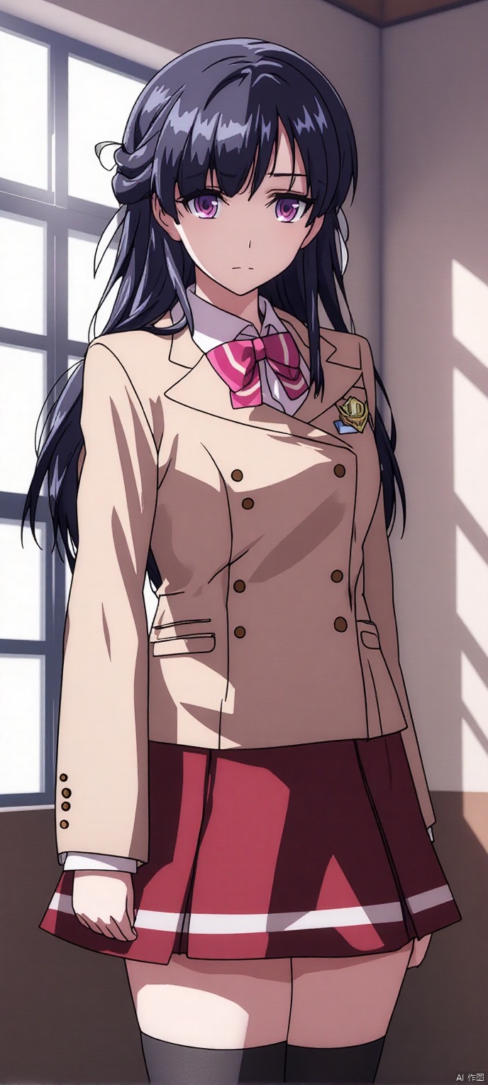 (high definition, Best quality, masterpiece, 4K, exquisite skin),1girl, solo, long hair, purple eyes, half updo, hair ribbon, bow, blazer, long sleeves, emblem, pleated skirt, red skirt, black thighhighs, thighhighs, zettai ryouiki, in room, , learning forward