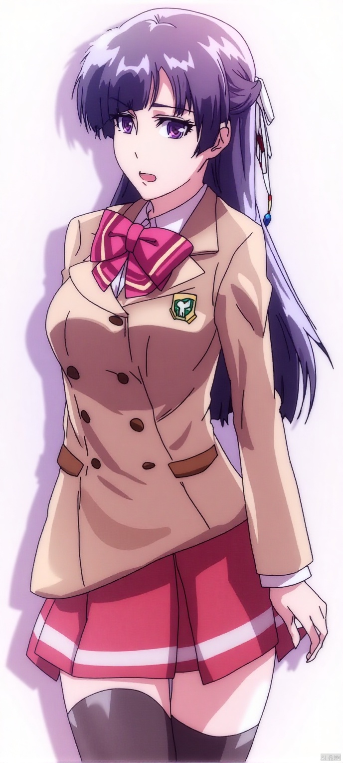 (high definition, Best quality, masterpiece, 4K, exquisite skin), 1girl, solo, long hair, purple eyes, half updo, hair ribbon, bow, blazer, long sleeves, emblem, pleated skirt, red skirt, black thighhighs, thighhighs, zettai ryouiki, learning forward