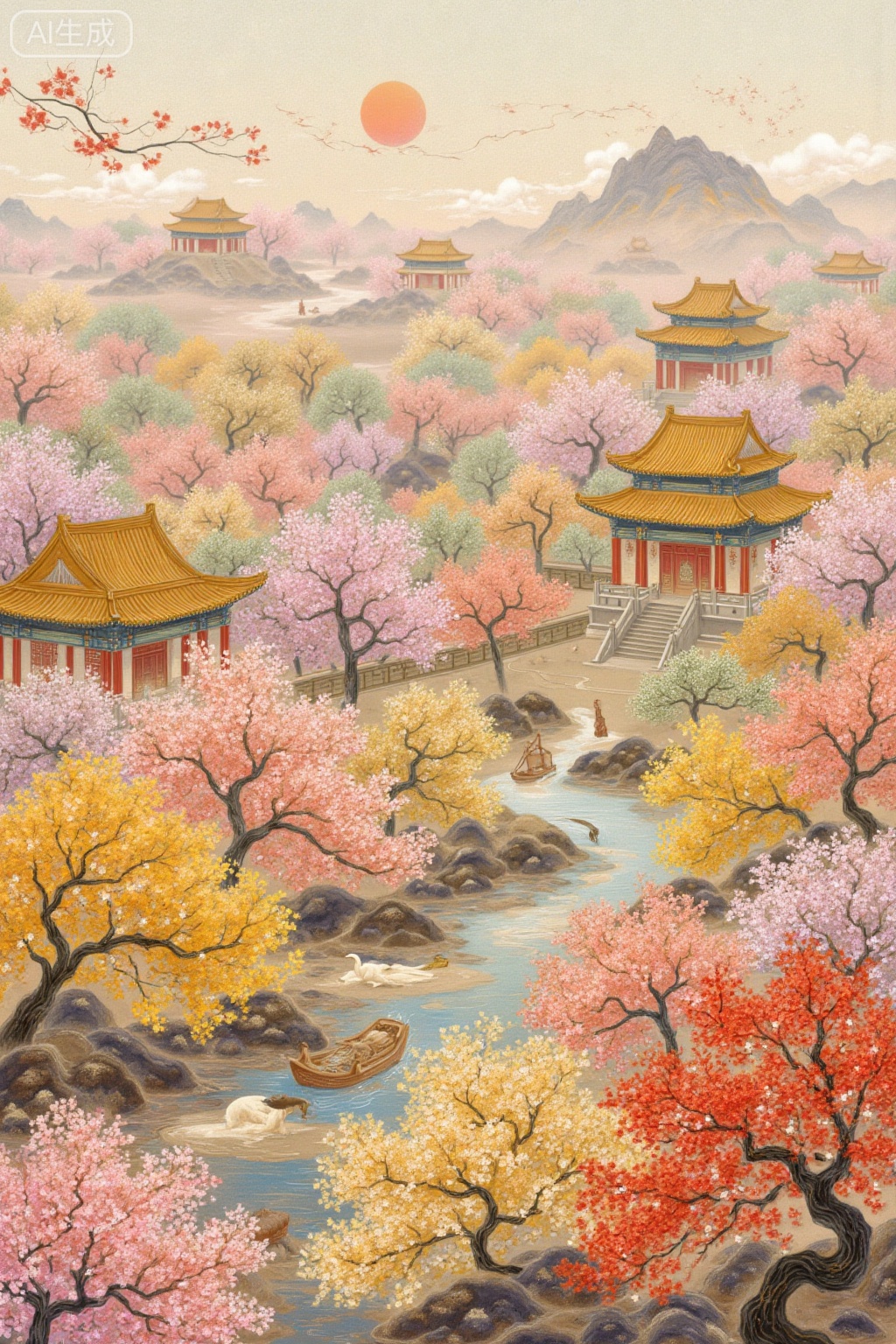 The architectural landscape of the Forbidden City in autumn, close-up, ancient style, graffiti style, clean and minimalist, thick coating, ancient style, bright colors, light colors, fairy tale picture books, edge drawing lines, large color blocks, rough lines, thick edge lines, flat style, design sense, reinforced lines, graphic design,