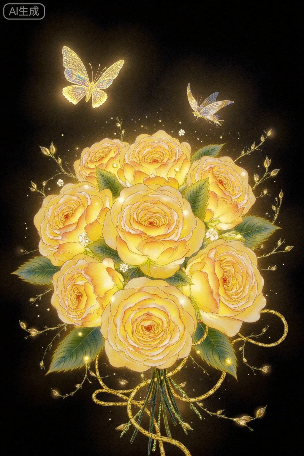 A dreamy illustration with a central composition. With black as the background, the main body is a bunch of yellow roses emitting soft light. The flowers are full in shape and the petals are layered. The bouquets are dotted with golden vines and tiny decorative elements to add a sense of gorgeousness. Two butterflies are flying above the bouquet, one with transparent and golden textures, and the other with small and delicate. The overall picture creates a mysterious and dazzling atmosphere, with the aesthetic keywords: dreamy, brilliant, and gorgeous.