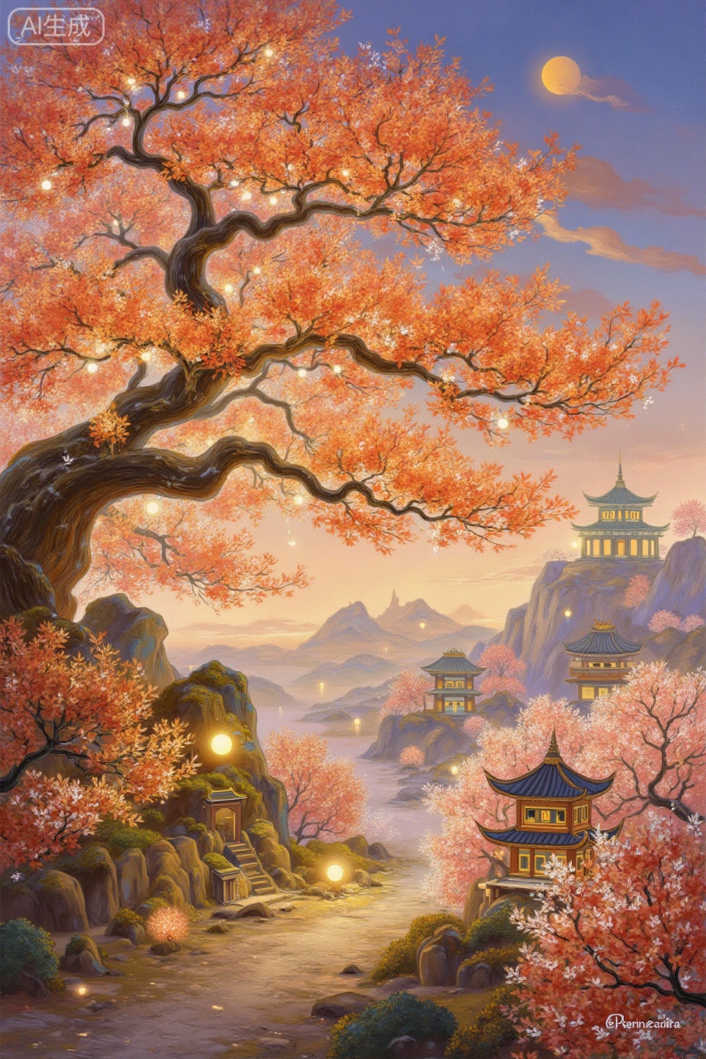 a majestic tree with sprawling branches glows softly under the twilight sky. In the background, traditional East Asian architecture featuring ornate wooden pagodas and tiled roofs blends harmoniously with the natural surroundings. The entire scene is bathed in warm orange hues, from the glowing leaves to the soft light emanating from the architecture, creating a serene and captivating orange-themed scenery.