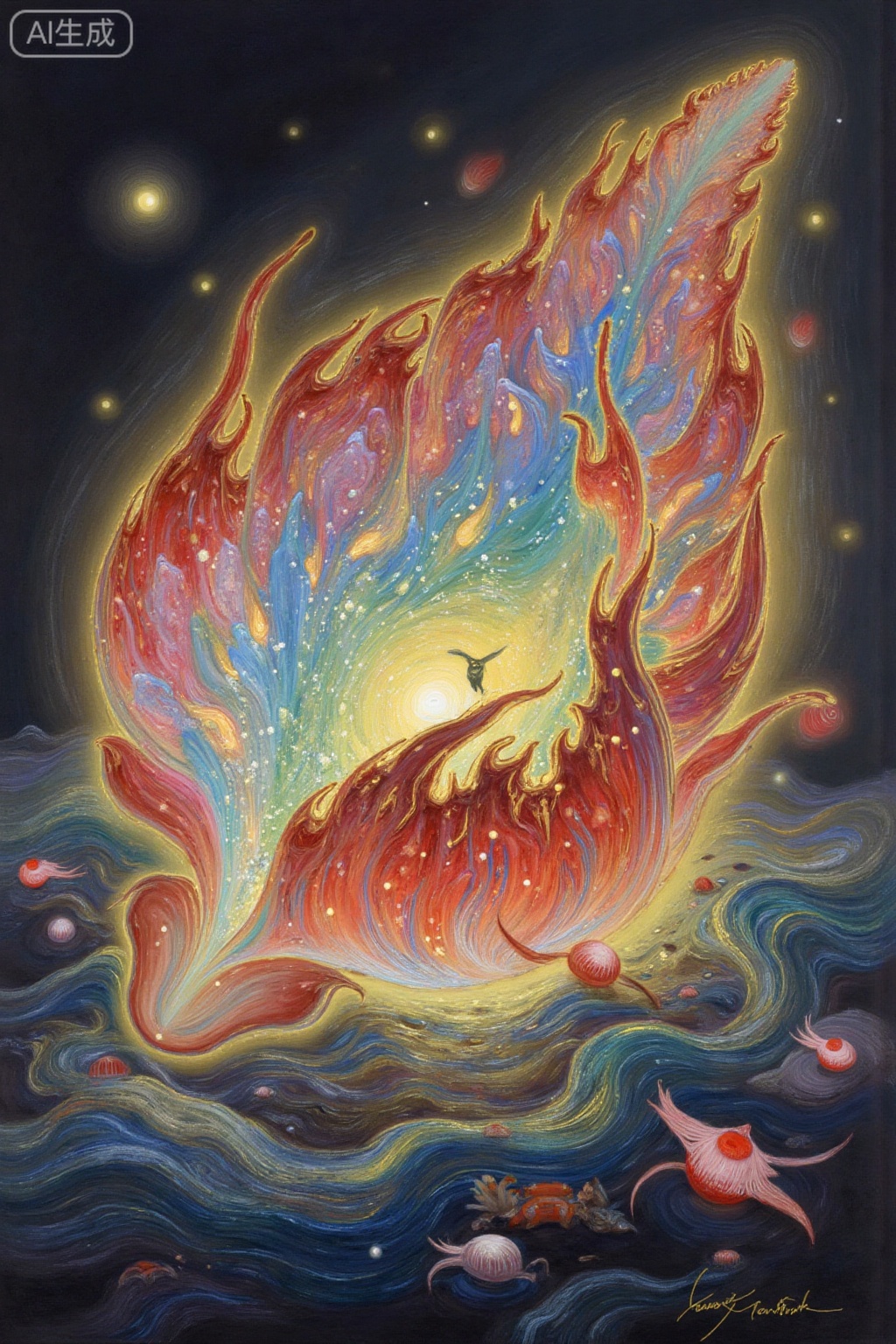 The overall picture is dark, but there is a faint warm yellow in the middle, giving people a feeling of seeing hope. In a very huge blood-colored conch is a beautiful landscape painting, made of wool, crochet, three-dimensional display, bright film, strong contrast, an 8K ultra-high resolution masterpiece, and a computer imaging (CGI) digital art work that shows an abstract, colorful, Fibonacci spiral particles, aura, blue and white particles with bright tones, creating a sense of movement and energy in a pure black to gray gradient background. A blurred, abstract painting with vibrant colors like red, blue, and yellow, creating a soft, hazy effect. The brushstrokes are dynamic yet slightly obscured, like a layered water flow, the picture is unique and beautiful, dreamy, blurred gradient to the right, green and blue inside, a miracle of ancient rhyme, rich colors and harmonious combination, shocking the hidden world, freehand painting, stream of consciousness, amazing brushstrokes, bold composition of the picture, isometric side, and the picture shows huge visual tension. Shows extreme details and extraordinary precision. The three-dimensional light effect creates a mysterious atmosphere, while embellishing with elegant transparent golden light. The whole painting is carefully rendered with realistic details and exquisite brushwork, presenting a visual feast. Distorted complex details, magical surrealism, luminous particles, bioluminescent, internal luminescent, luminous lines, three-dimensional antique style, ultra-clear painting quality. Minimalism, artistic conception, strong emotional expression, strong color contrast, light and shadow contrast.