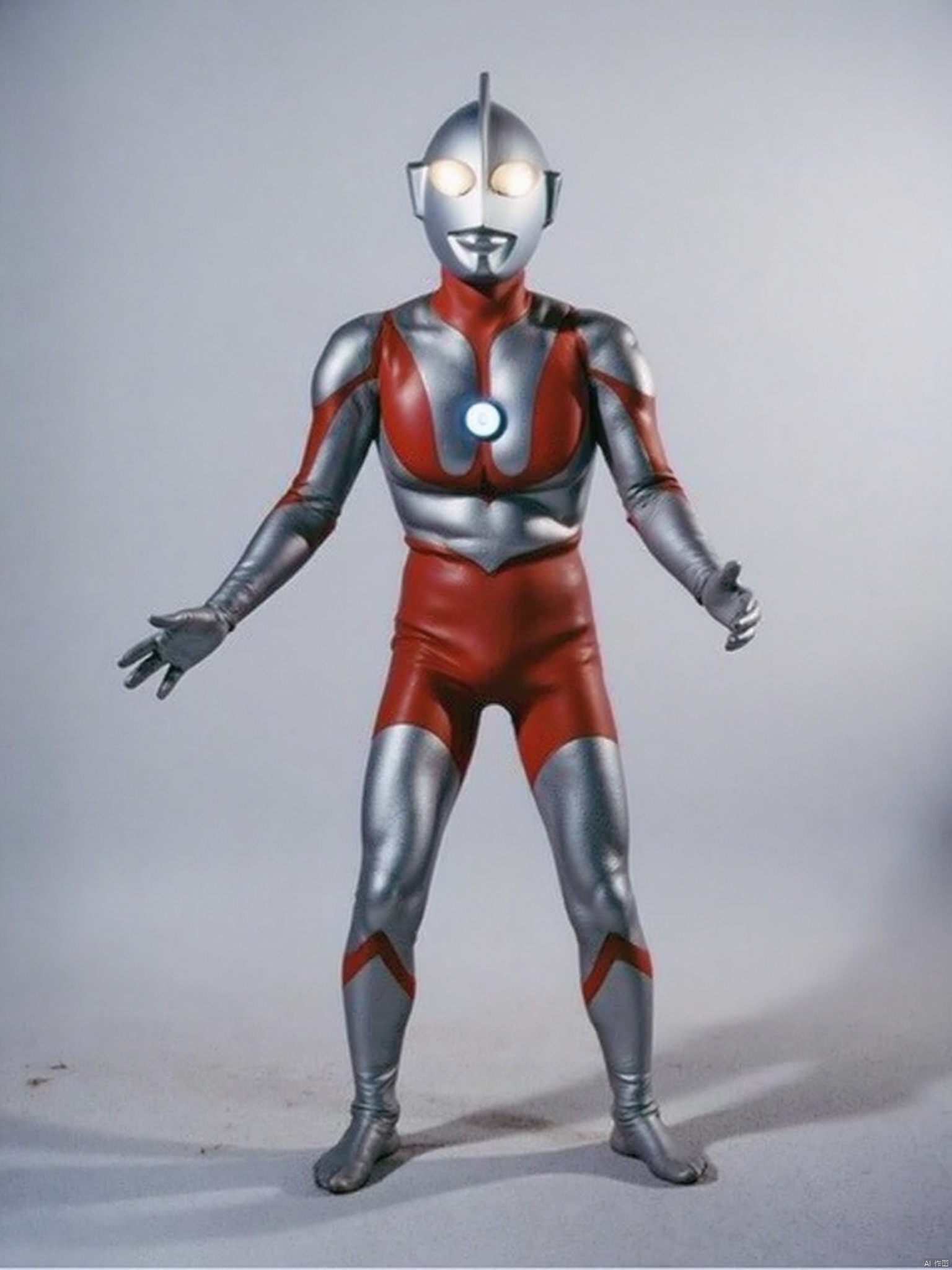 ultraman,silver bodysuit,silver gloves,legwear,gloves,boots,cover,mask,plugsuit,armor,bodysuit,red pattern on body,silver tight-fitting,silver footwear,helmet,leather suit,latex,tokusatsu,no humans,science fiction,silver head,hard mask,no smile,no eyes,no nose,solo,silver rubber bodysuit with red line