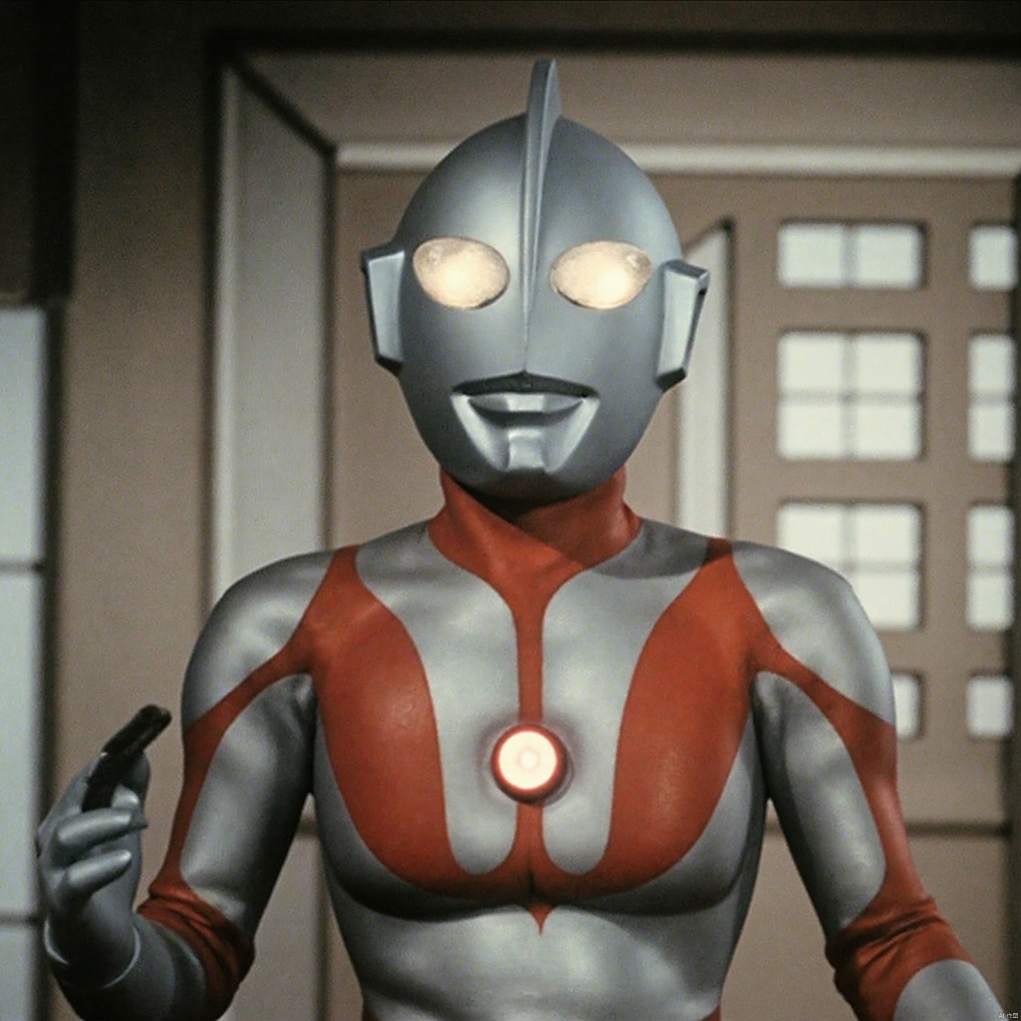 ultraman,silver bodysuit,silver gloves,legwear,gloves,boots,cover,mask,plugsuit,armor,bodysuit,red pattern on body,silver tight-fitting,silver footwear,helmet,leather suit,latex,tokusatsu,no humans,science fiction,silver head,hard mask,no smile,no eyes,no nose,solo,silver rubber bodysuit with red line
