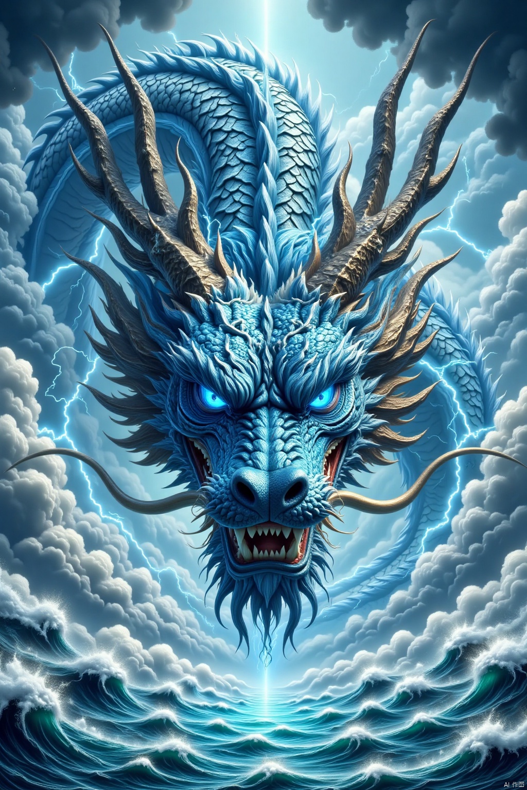 Open your mouth
Blue eyes
horn
sky
cloud
water
There are no humans
luminescence
ocean
Sharp teeth
a cloudy sky 
Sparkling eyes
monster
Loong
electric
lightning
Dongfang Long
Dragon Claw
squama 