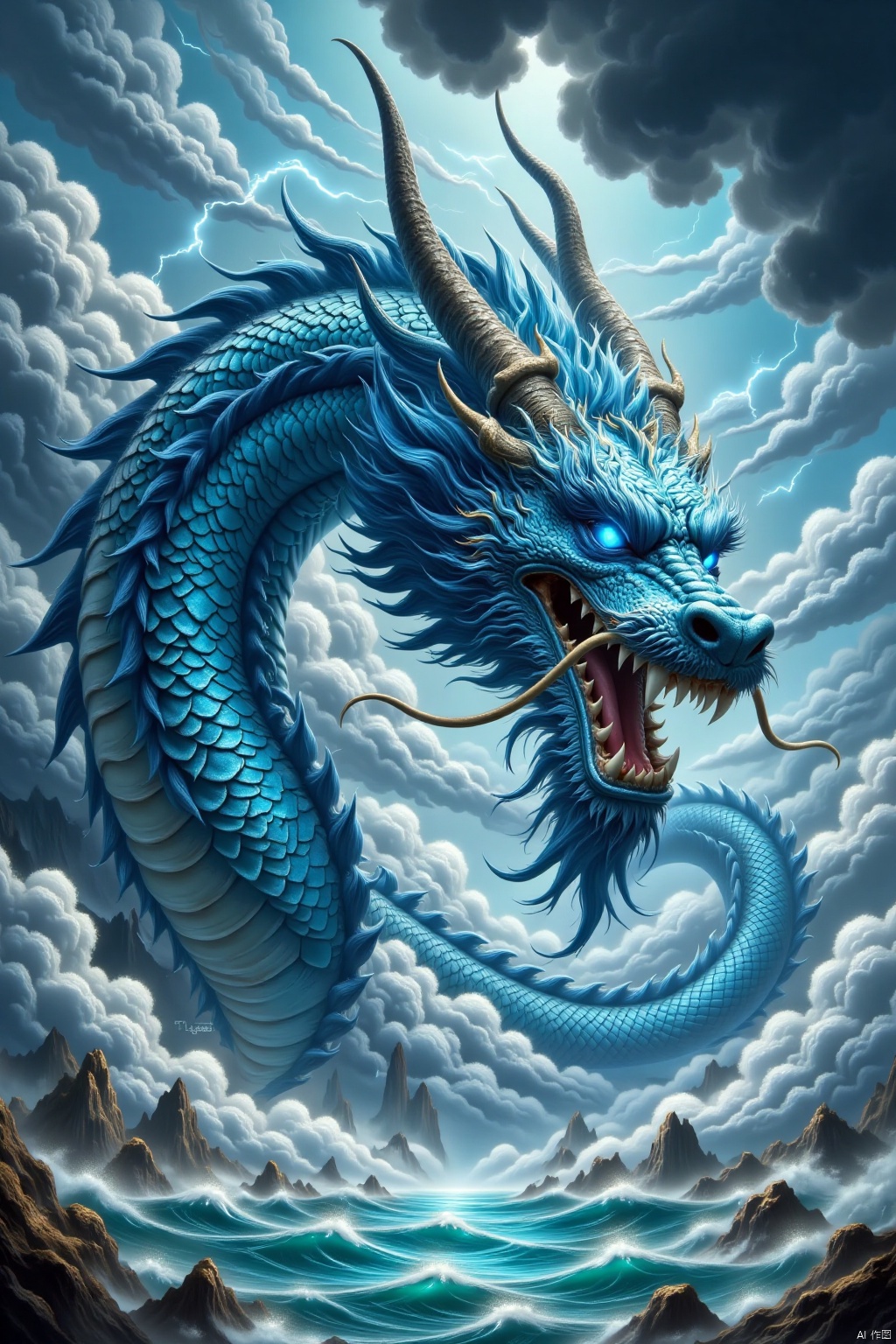 Open your mouth
Blue eyes
horn
sky
cloud
water
There are no humans
luminescence
ocean
Sharp teeth
a cloudy sky 
Sparkling eyes
monster
Loong
electric
lightning
Dongfang Long
Dragon Claw
squama 