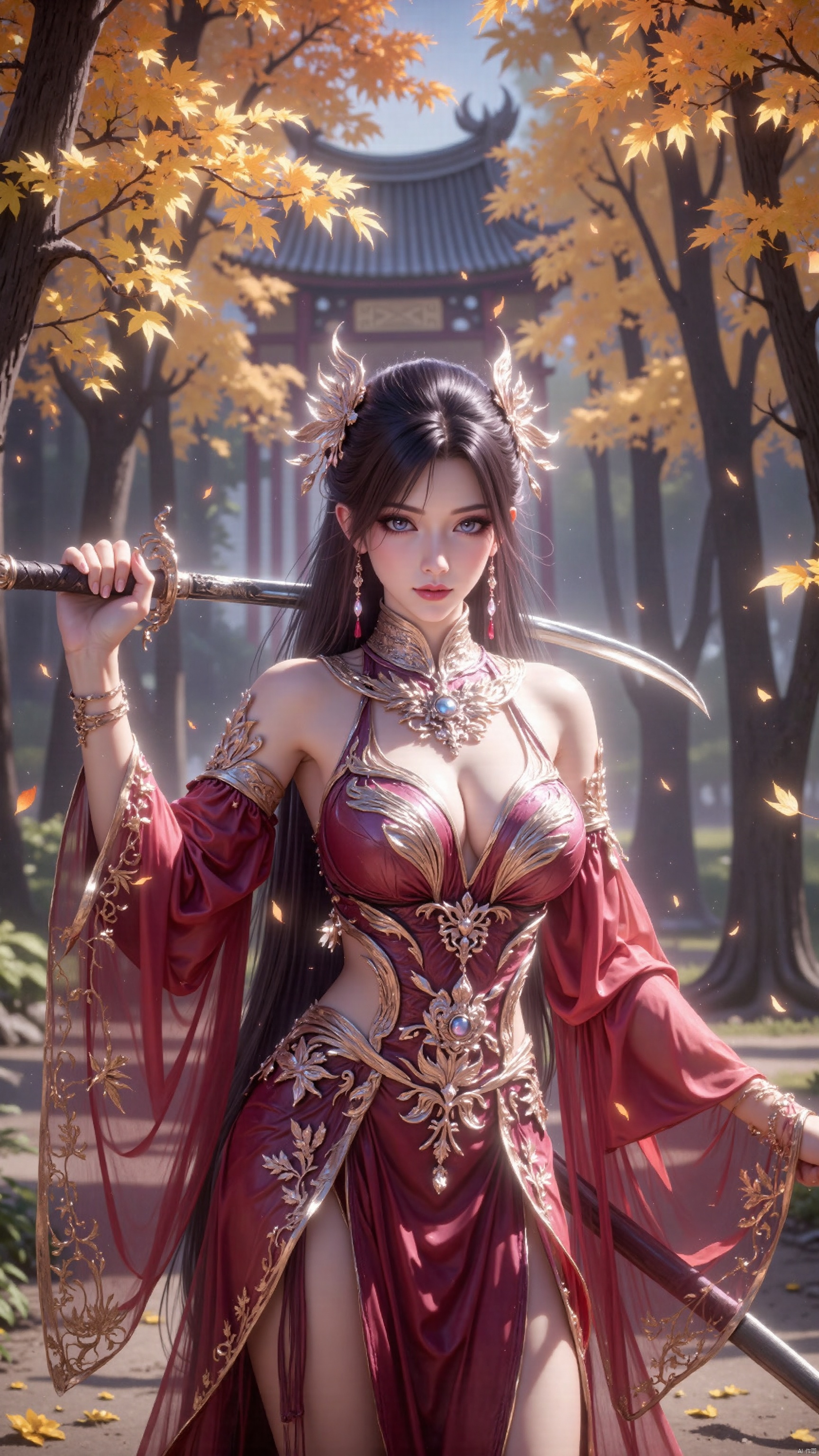1 girl, solo, long hair, looking at the audience, red chinese hanfu, open back, golden chinese tattoo on back, blue eyes, black hair, hold, very long hair, weapon, outdoors, sword, wide sleeves, hold Holding weapons and swords in both hands, jian (weapon), the background is a golden maple leaf forest, giving people a sense of tranquility and beauty.