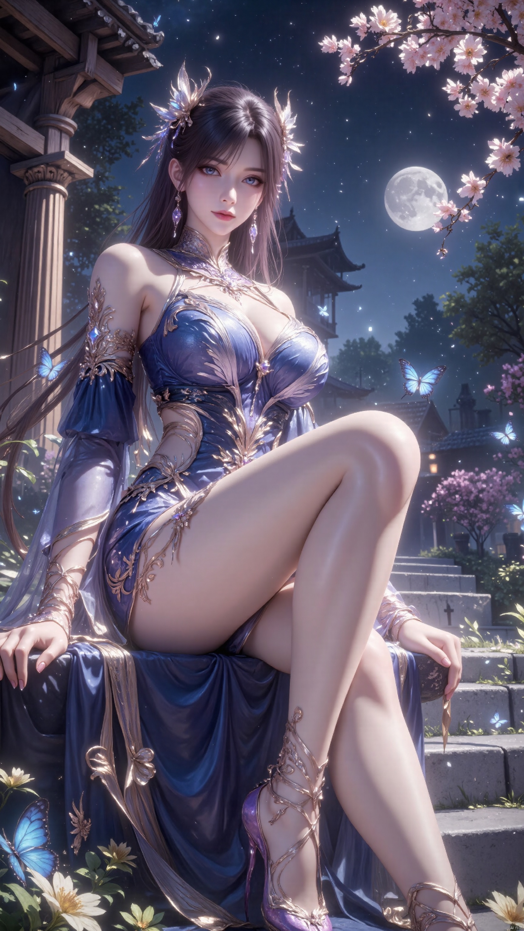 masterpiece, best quality, high quality, (colorful), big breasts, (brunette: 1.4), (long legs: 1.3), (thin legs: 1.3), 1 girl, solo, long hair, looking at viewer, seated , smile, bangs, blue eyes, hair accessory, long sleeves, dress, closed mouth, flower, sky, hair flowers, blunt bangs, from the side, Transparent, gray eyes, night, blue dress, moon, bug, butterfly, night sky, full moon, blue flowers, stairs, blue butterfly, low angle shot, blurred background, dynamic pose.