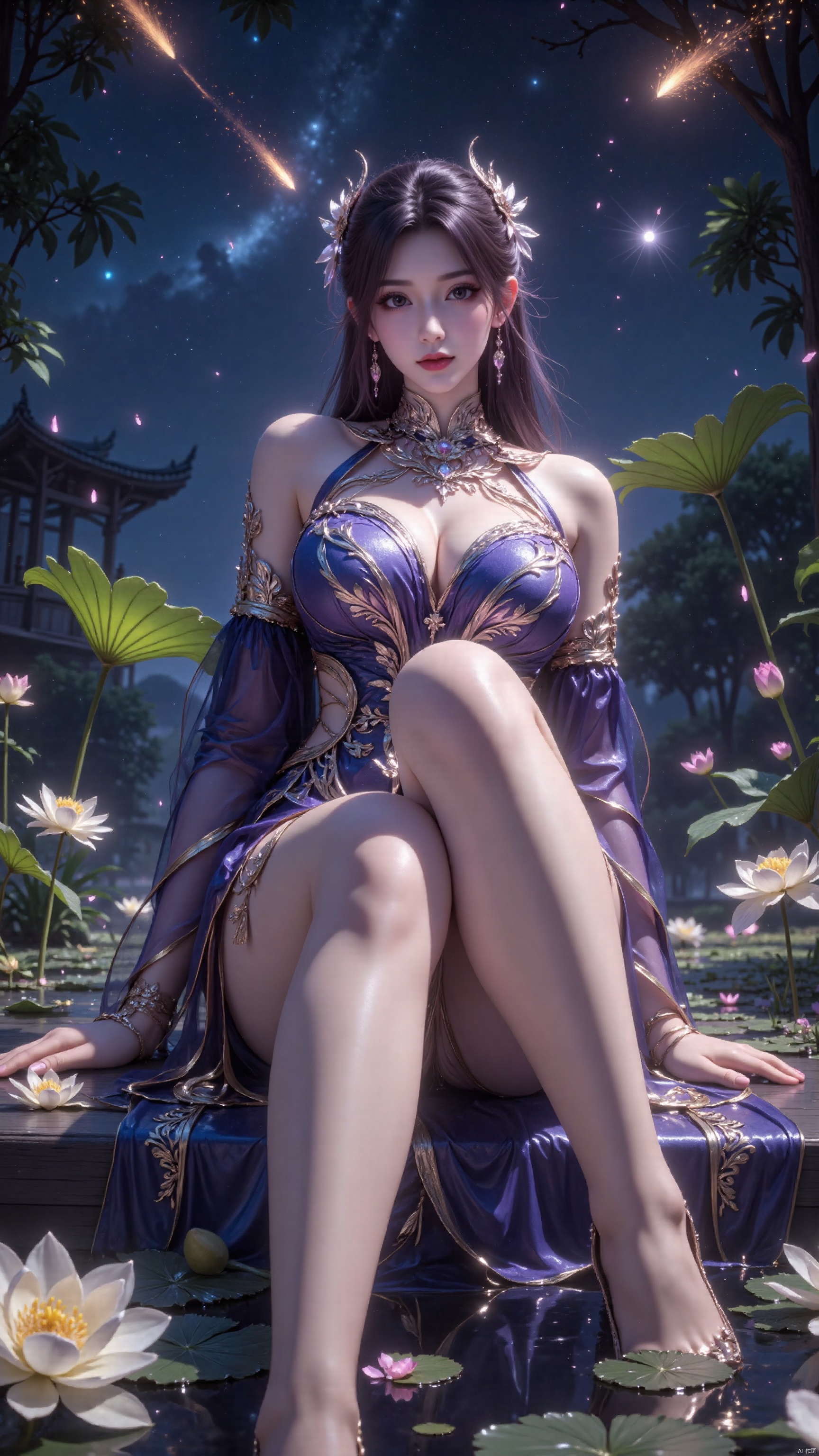 Aiming, DSLR quality, depth of field, at_viewer, dynamic poses, rich expressions, friendly smile, 1 girl, 8k resolution, masterpiece quality, high details. Shot from below, low angle shot, fantasy theme, cropped. {(1 girl: 1.5), alone, long hair, black hair, wearing hair accessories, wearing a dress, sitting, full body, her huge breasts can barely be contained by the clothes, (closer to the audience: 1.5), (see Looking at the audience: 2), beautiful face, ((worm-eye shot: 1.2)), perspective distortion}, (panoramic, fisheye lens effect: 1.1). {(Strong backlight, underexposure: 1.4), (Occlusion shadow: 0.8), Depth of field (100mm focal length: 1.2)}, (Horizontal line: 0.7), low-key earth. The feathers of the starry sky blend into the background, creating a sense of depth and gradient color. Combined with the Droste effect (endless repetition and reflection: 1.2). Show legs, long legs, beautiful legs. Pond, night, lotus leaves, lotus flowers, huge celestial bodies, deep blue atmosphere. Surrounded by fluttering petals, reflecting or casting dramatic shadows and highlights, {(Meteor Shower, Planets: 1.1), (Comet Vermilion: 1.3)}. Mesmerizing effect, dreamy atmosphere. The background is blurred, the swirl of petals, the swirl of stars.