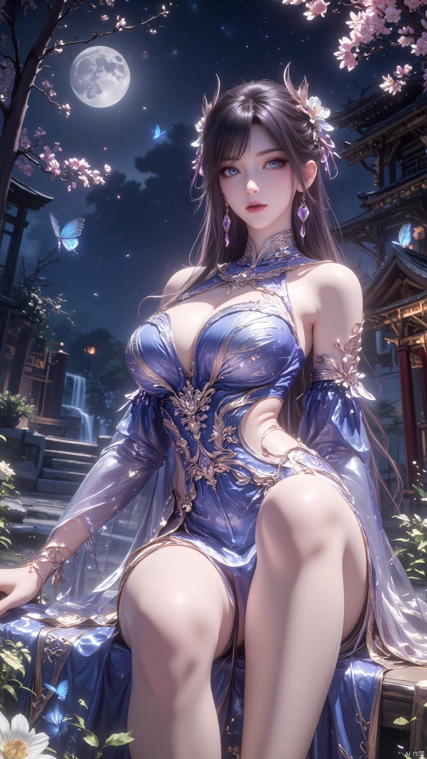 masterpiece, best quality, high quality, (colorful), big breasts, (brunette: 1.4), (long legs: 1.3), (thin legs: 1.3), 1 girl, solo, long hair, looking at viewer, seated , smile, bangs, blue eyes, hair accessory, long sleeves, dress, closed mouth, flower, sky, hair flowers, blunt bangs, from the side, Transparent, gray eyes, night, blue dress, moon, bug, butterfly, night sky, full moon, blue flowers, stairs, blue butterfly, low angle shot, blurred background, dynamic pose.