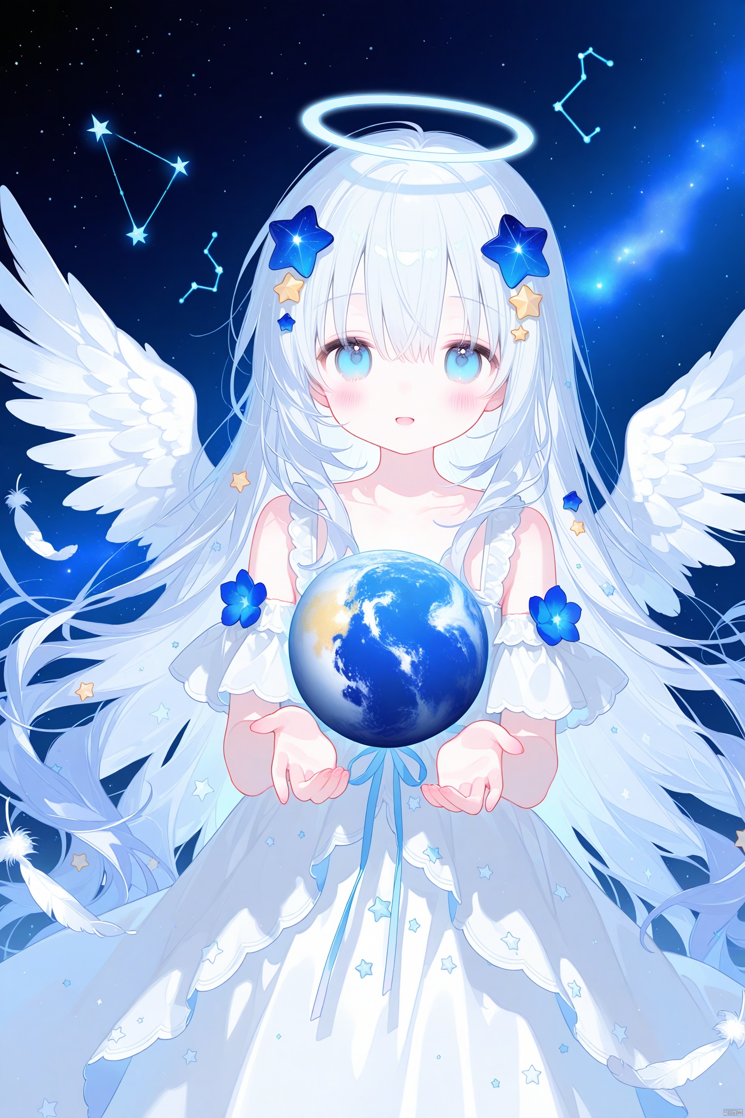 1girl, angel, angel_wings, blue_eyes, blue_flower, constellation, crescent, cross, dress, feathered_wings, flower, hair_between_eyes, hair_ornament, halo, long_hair, looking_at_viewer, planet, solo, star_\(sky\), star_\(symbol\), star_hair_ornament, star_print, starfish, starry_background, starry_sky, very_long_hair, white_feathers, white_hair, white_wings, wings