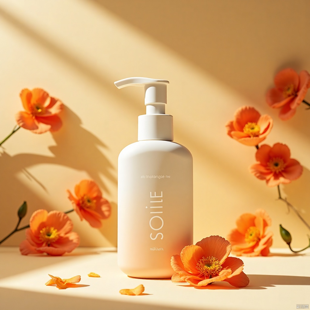Softly focused orange flowers radiate warmth on a beige background, where a bottle with a white pump dispenser sits prominently in a natural light-drenched scene. SOile is emblazoned on the label, drawing attention to the central focal point. The bottle's simplicity is elevated by the symmetrical arrangement of flowers around it, creating a sense of balance and harmony. Warm colors dominate, inviting the viewer into a serene atmosphere where minimalism reigns supreme, emphasizing elegance and sophistication.