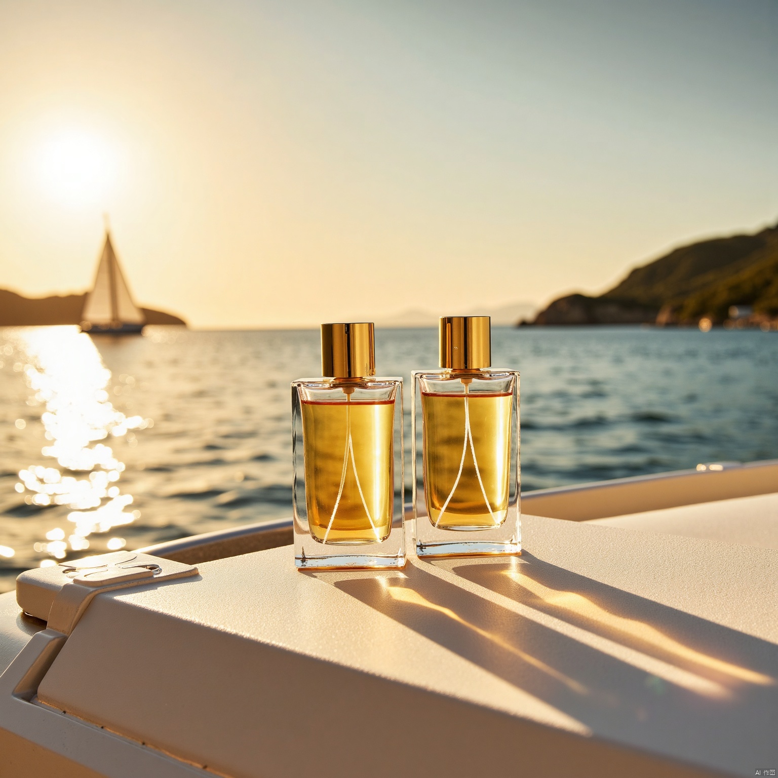 This image shows the deck of a yacht, with a calm sea in the background and a sailboat in the distance. The image shows two bottles of perfume or fragrance products placed on the deck, with the sunlight reflecting beautifully through the bottles. The design of the bottle is simple and elegant, with a golden cap and a transparent body that allows you to see the liquid inside.
The seascape in the background is very beautiful, with clear skies and calm waters, giving it a relaxing and luxurious feel. The overall picture has warm tones and soft light, creating an atmosphere of leisure and enjoyment of life.
If you need further information or help, please let me know!