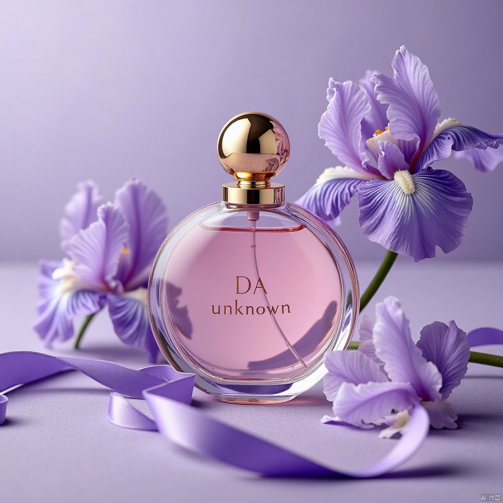 This image shows a bottle of high-end perfume against a background of purple irises. The design of the perfume bottle is simple and elegant. The bottle is made of transparent glass and the liquid inside is pale pink. The bottle cap is a golden circle with a small ball decoration on the top, which looks very delicate.
The perfume bottle is printed with the words "DA unknown" in a simple and elegant font. The bottle is surrounded by a purple ribbon which adds to the overall beauty and luxury feel.
The iris flowers in the background are blurred, highlighting the dominant position of the perfume bottle. The whole picture has soft tones, giving people a noble and romantic feeling. This arrangement is not only beautiful and elegant, but also reminds people of the pleasure and enjoyment brought by perfume.