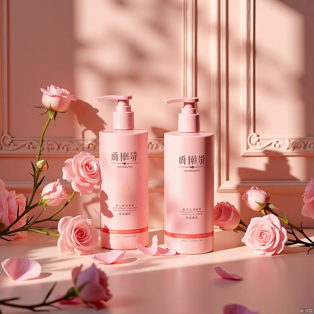 Romantic lighting at night, product photography, 2 bottles of pink shampoo on the table, surrounded by pink roses and soft lights as background, dotted with delicate pink rose flowers, illuminated by natural sunlight. The brand name is "Im Automation", the soft light exudes an elegant atmosphere, and the background wall has intricate carving patterns and light pink decorationst.
