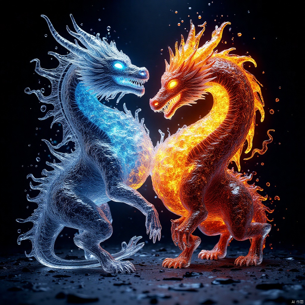 Ice and fire elements, strange beasts,光影,light and shadow