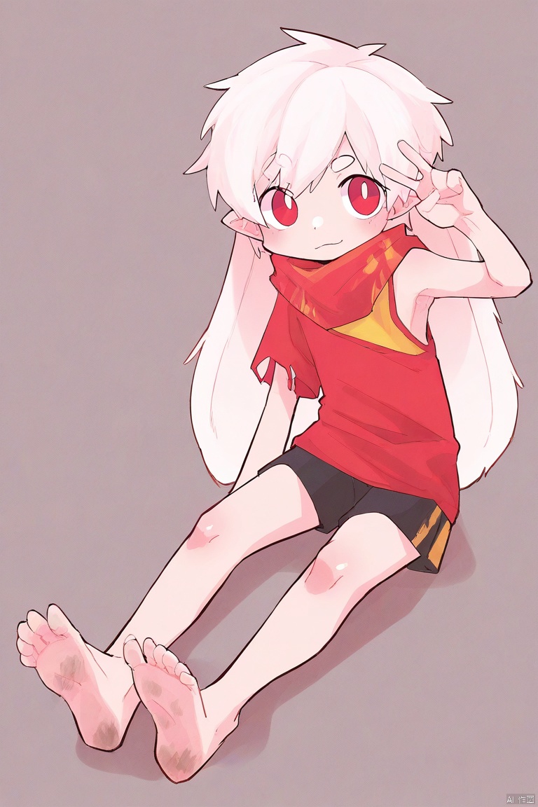 [[artist:nploser]],[[deformed]],
solo,male_focus,
vup-bai,(white_hair,red_eyes),(floppy_ears,lop_rabbit_ears),[red_scarf],
(red_shirt,single_sleeve),(black_shorts,barefoot),dirty feet,torn_clothes,
BREAK,
from_side,sitting,v,armpits,
(masterpiece, best_quality,highres,absurdres),