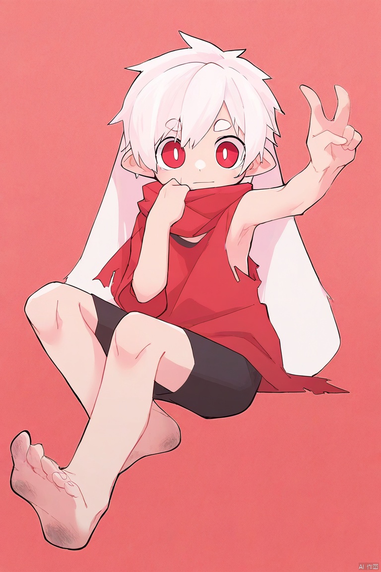 [[artist:nploser]],[[deformed]],
solo,male_focus,
vup-bai,(white_hair,red_eyes),(floppy_ears,lop_rabbit_ears),[red_scarf],
(red_shirt,single_sleeve),(black_shorts,barefoot),dirty feet,torn_clothes,
BREAK,
from_side,sitting,v,armpits,
(masterpiece, best_quality,highres,absurdres),