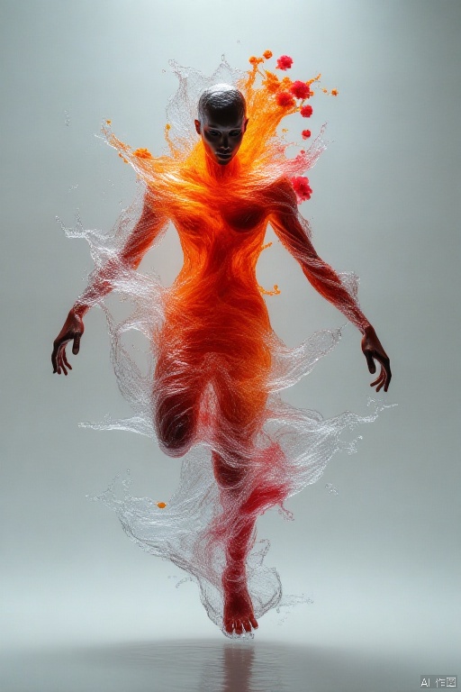 A surreal composition with flowers bursting in motion around the model, creating an artistic, high-energy visual impact. The flowers seem to be swirling and levitating, blending with the model's attire, creating a harmonious yet chaotic artistic expression.Environment: A colorful, whimsical background with light pastel tones and abstract patterns, enhancing the creative and energetic atmosphere.Style: Contemporary fashion photography with a surreal, artistic twist.Lighting: Bright, studio lighting with subtle shadows to bring out the three-dimensional depth of the flowers and the model's form.Mood: Creative, artistic, and vibrant.Resolution: Ultra-high resolution to capture the explosion of details in both the flowers and the model's attire.