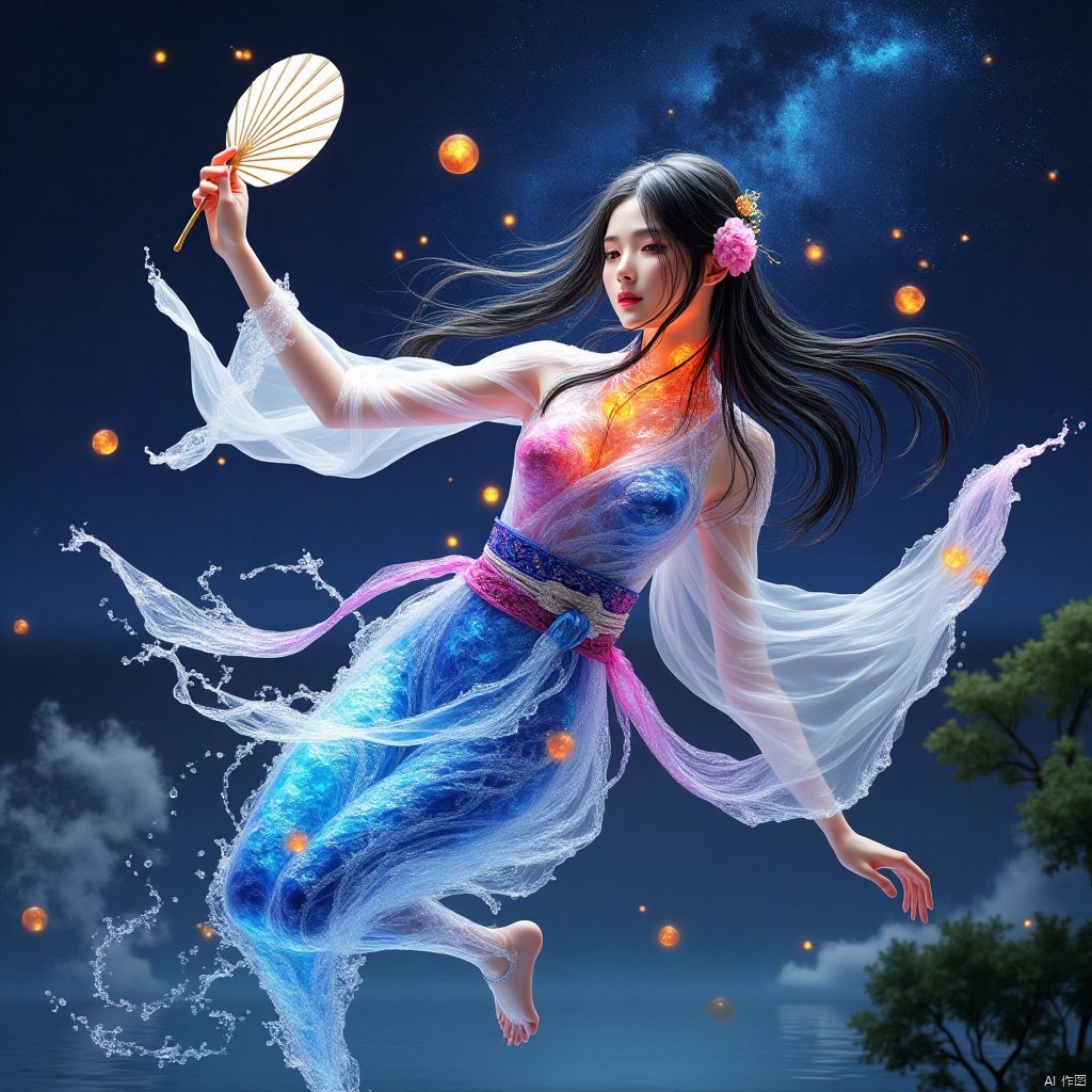 masterpiece,best quality,high quality,(colorful),[Artist miwano rag],[Artist toosaka asagi],[[[Artist wlop]]],[Artist chen bin],Artist Miv4t,1girl, solo, long hair, black hair, hair ornament, dress, sky, hair flower, sash, night, chinese clothes, star \(sky\), night sky, hand fan, lantern, holding fan, paper fan, hanfu,water,lying in the water,(fireflies),bamboo,tree,white theme